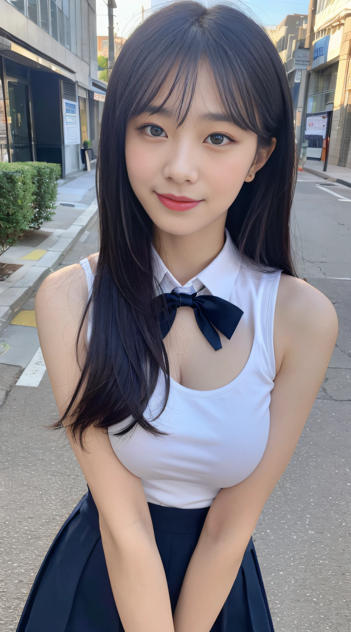 ((Best quality, 8k, Masterpiece :1.3)), 1girl, beautiful woman with emphasis on slender abs: 1.3, (long hair, big breasts: 1.2), oversized tank top:1.2, ultra-delicate face, delicate eyes, double eyelids, smile, home, (short sleeves JK_shirt), JK_style, (navy JK_skirt), (bow JK_tie), mix4, Detailed eye on city streets