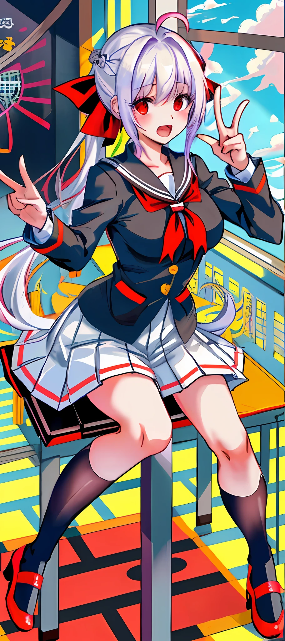 extremely detailed CG, high resolution, best quality, masterpiece, (bishoujo:1.3), Anime girl with full white hair, long ponytail tied with red ribbon, ahoge, red eyes, (> _ :2),laughting,wink,2 finger peace sign, medium sized breasts,school uniform, back top uniform with red ribbon and white collar, white skirt with red lining, black shoes with red lining, school classroom, classroom, sit on desk,next to window, sunny, full body image, wearning white thights, face viewer