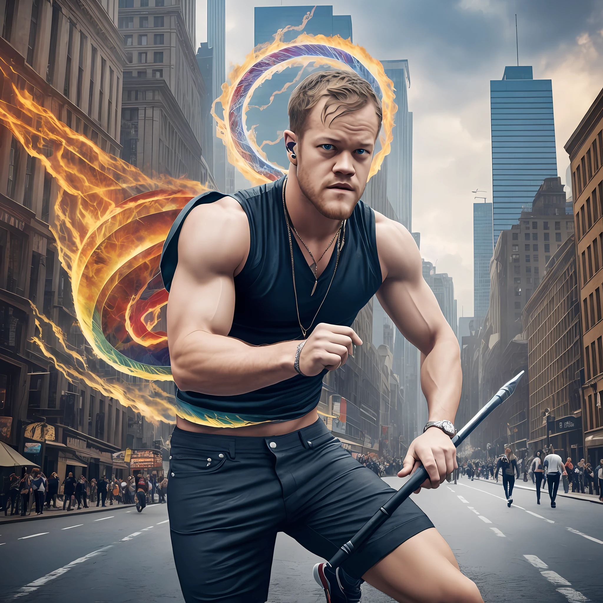 Dan Reynolds of the band imagine dragons in the city with thunder and dragons, 8k, super realistic --auto --s2