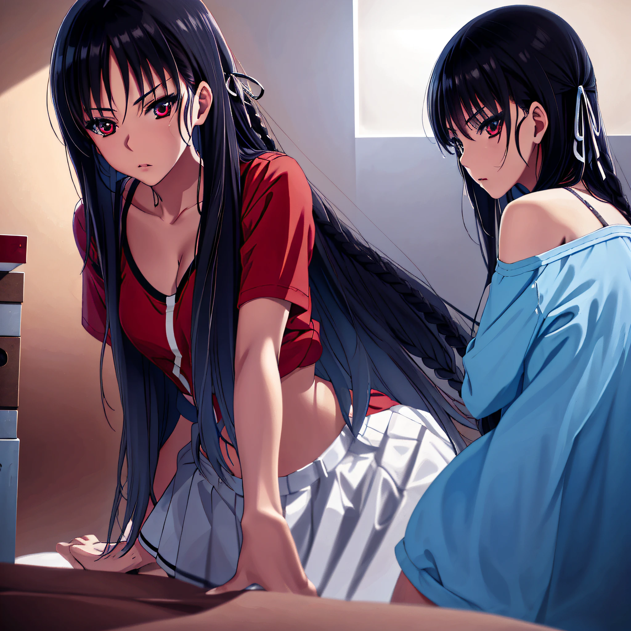 a woman in her room right next to give a kiss short sleeve t-shirt and shorts, black cult hair, red eyes, best quality, (CG:1.4 extremely detailed), highly detailed faces, anime girl with long black hair and blue shirt posing for a photo, seductive anime girl, artstyle anime moe, attractive anime girl, portrait anime girl, realistic anime art style, anime style portrait, gapmoe yandere, semi-realistic anime style, 4k anime style, anime girl portrait, digital anime illustration, portrait of an anime girl, ecchi anime style