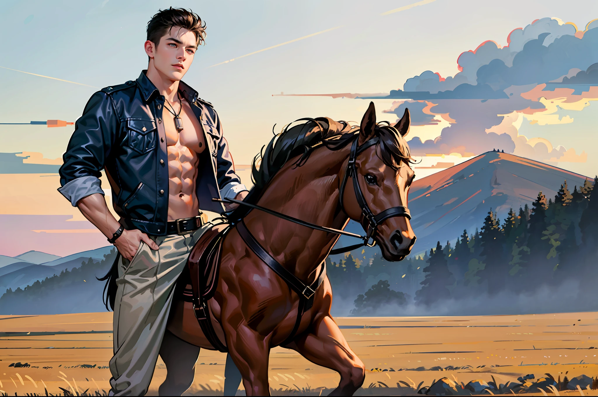 Realistic, detailed, Young pumped up man, cowboy, on farm, naked torso, chaps, 4 abs, lustful look, farm and animals in the background, detailed face, detailed hair, detailed hands, detailed legs, detailed eyes, detailed skin, dynamic lighting, detailed face, detailed hands, detailed legs, detailed fingers, detailed hair, detailed eyes, detailed skin, dynamic lighting, (photorealistic:1.4), 8k uhd, (hyper realistic), (photo realistic), (masterpiece), (best quality)