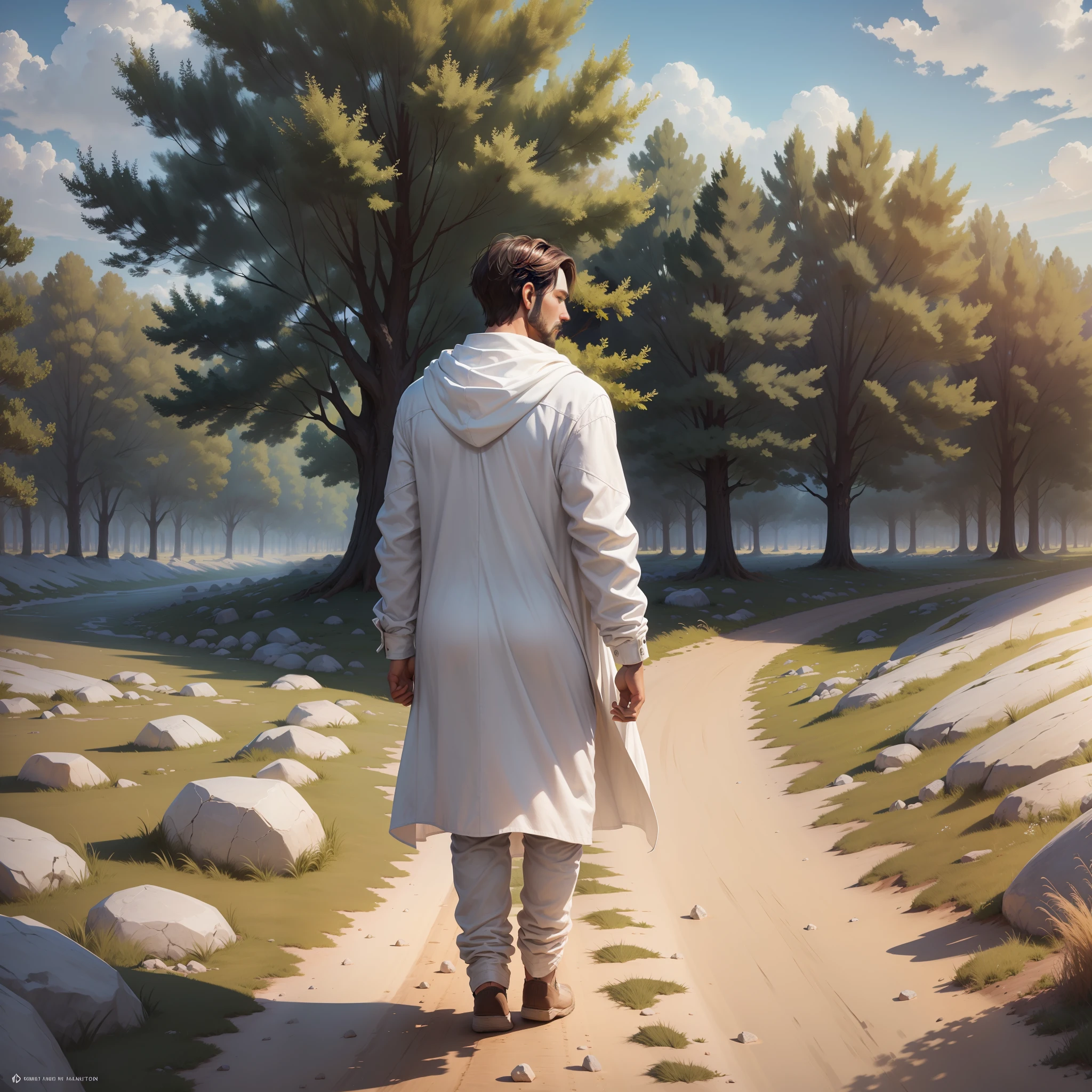 I see a Man walking on a dirt road full of stones holding God's hand, ((man holding God's hand)). man walking forward, ((clothes all white as light)) remember that man is walking forward