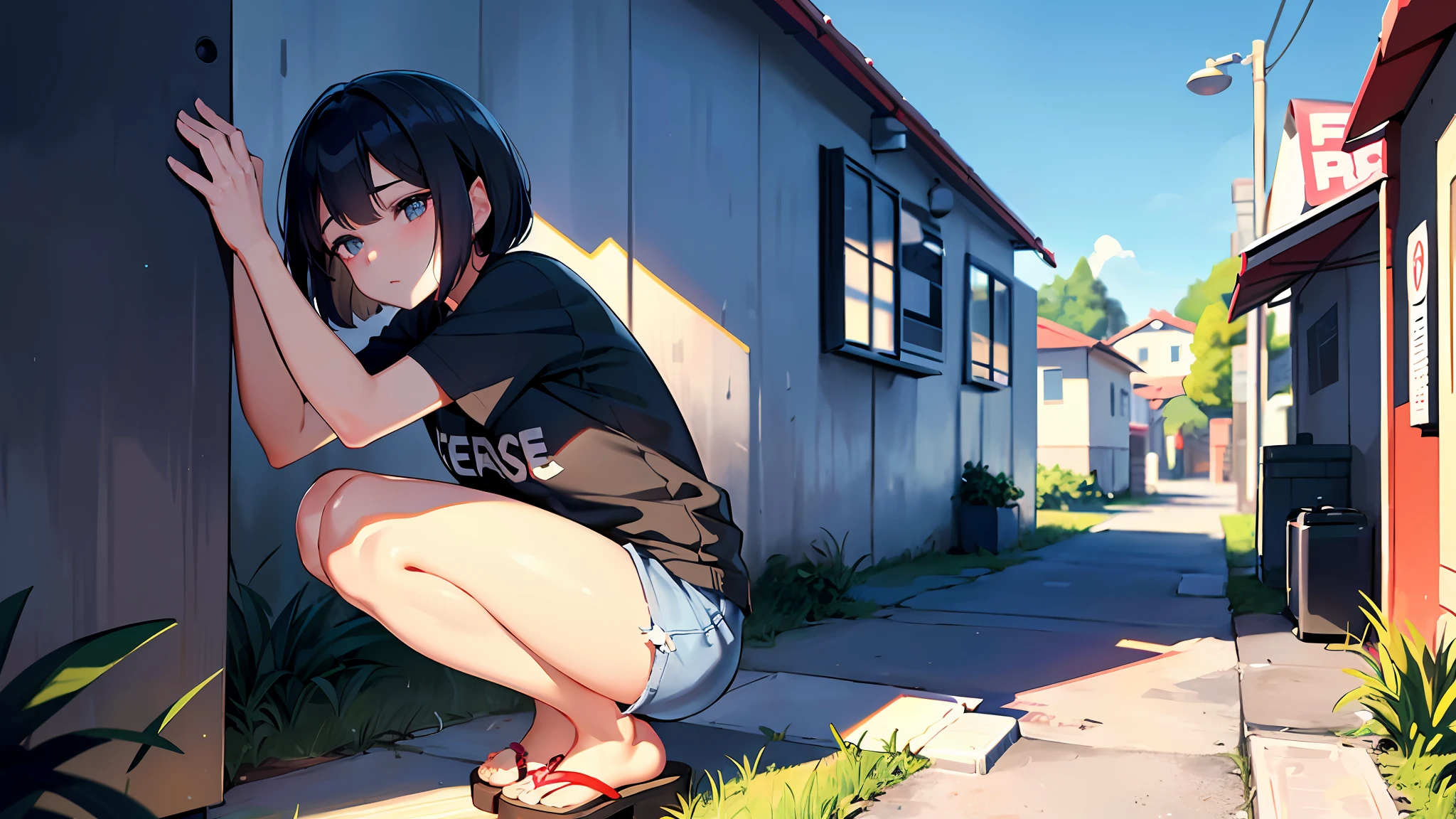(8k, top quality, masterpiece: 1.2), (realistic, photorealistic: 1.37), super detailed, one girl, one person, (((unkempt hair)), short hair, bob hair, black hair, (long face), breasts small, thin, 16 years old, body small, small body, teenager, ((big eyes)), black and brown pupils, sleepy eyes, eye bags, panda (eyes), helpless eyes, depressed eyes, dark areas around the eyes, ((under shadows)), ((leaning against the vending machine)) (black shirt ) with band, shirt, short sleeves, loose collar, clothing (undergarment), ((looking at the ground)), (head down: 0.8 ), mouth closed, expressionless, (facing down)), ((white shorts: 0.8 ( Bottom))), thigh light, (light from behind) sloppy hands, ((sandals)), ((from the side)), squatting, ((knee in front of chest: 1.2)), canned drink (small), knee closed, vending machine background, outdoor, large ((red vending machine)), red vending machine, (residential area house detail: 1.3) back, (detailed beautiful sky: 1.5), (clouds: 1.4), (uphill alley behind: 1.2), ((alley)), Close lens, road sign