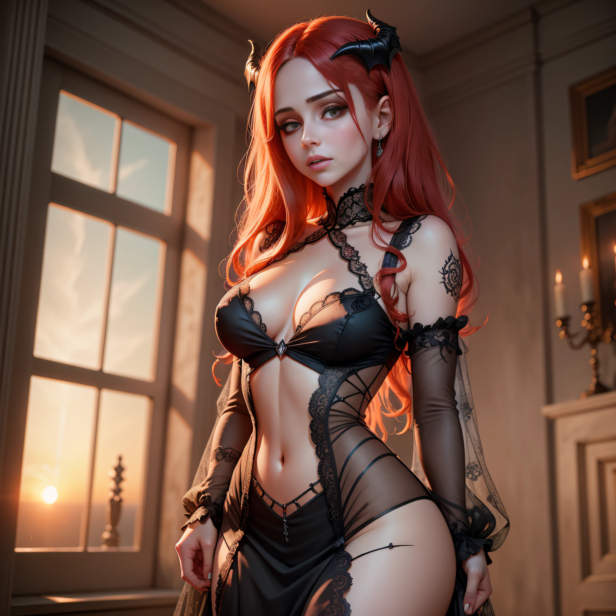 highly detailed, young succubus, wearing transparent lace dress with cobweb design, busty, red hair, standing in an abonded house, sunset centered on the face, face focused, intricate eyes, lana del rey face