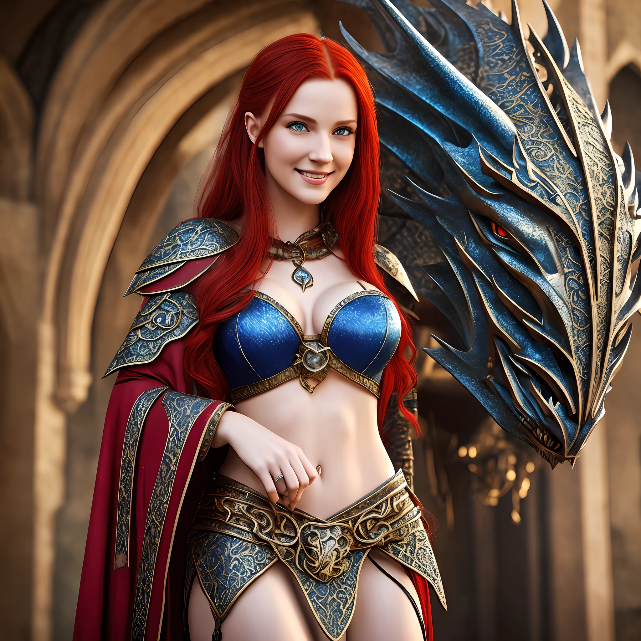 Red-haired medieval woman. Blue eyes. Medieval dress. Medieval setting. Dragon in the background. Detailed lips, defined abdomen, cracked abdomen, smile. Realism 1.3, (photorealistic 1.4)