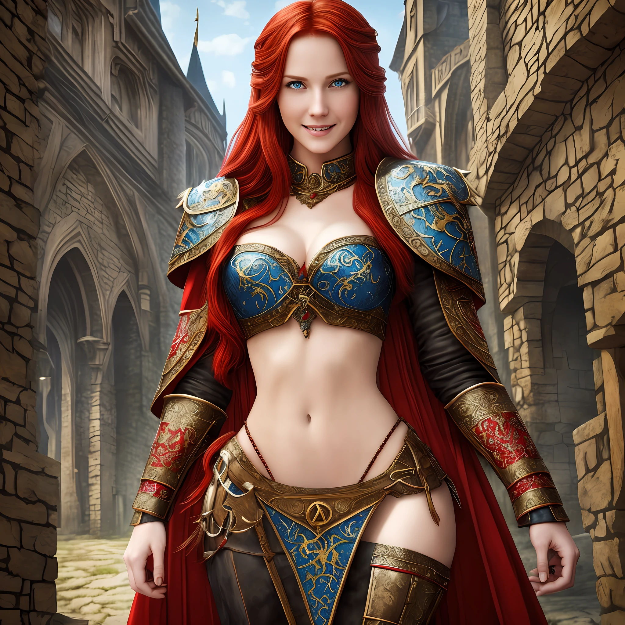 Red-haired medieval woman. Blue eyes. Medieval dress. Medieval setting. Dragon in the background. Detailed lips, defined abdomen, cracked abdomen, smile. Realism 1.3, (photorealistic 1.4)