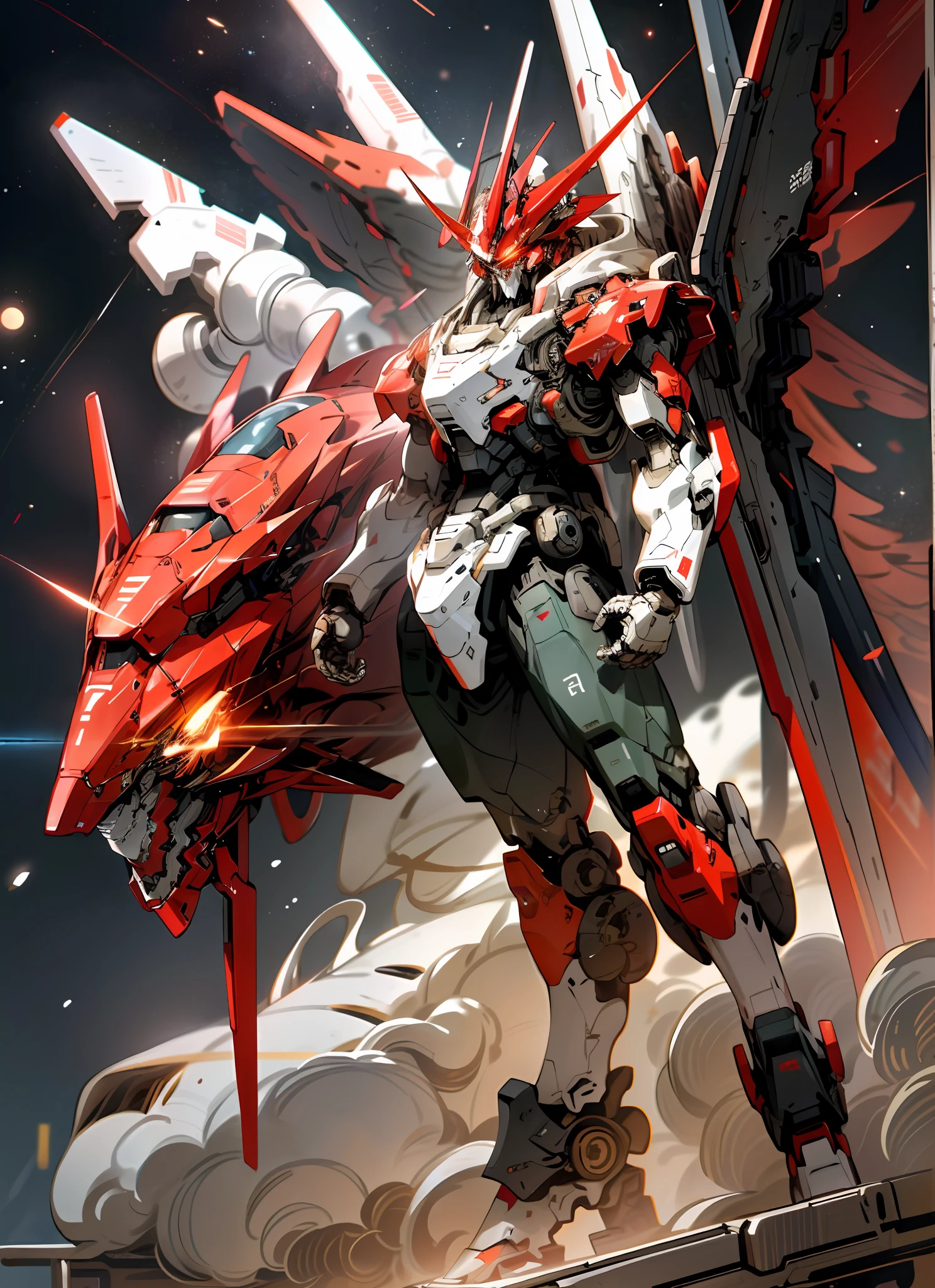masterpiece, best quality, space, stars, planet background, holding_weapon, glowing, robot, glowing_eyes, mecha, science_fiction, realistic,mecha, red color, full body, mecha wings, action pose, black and red color