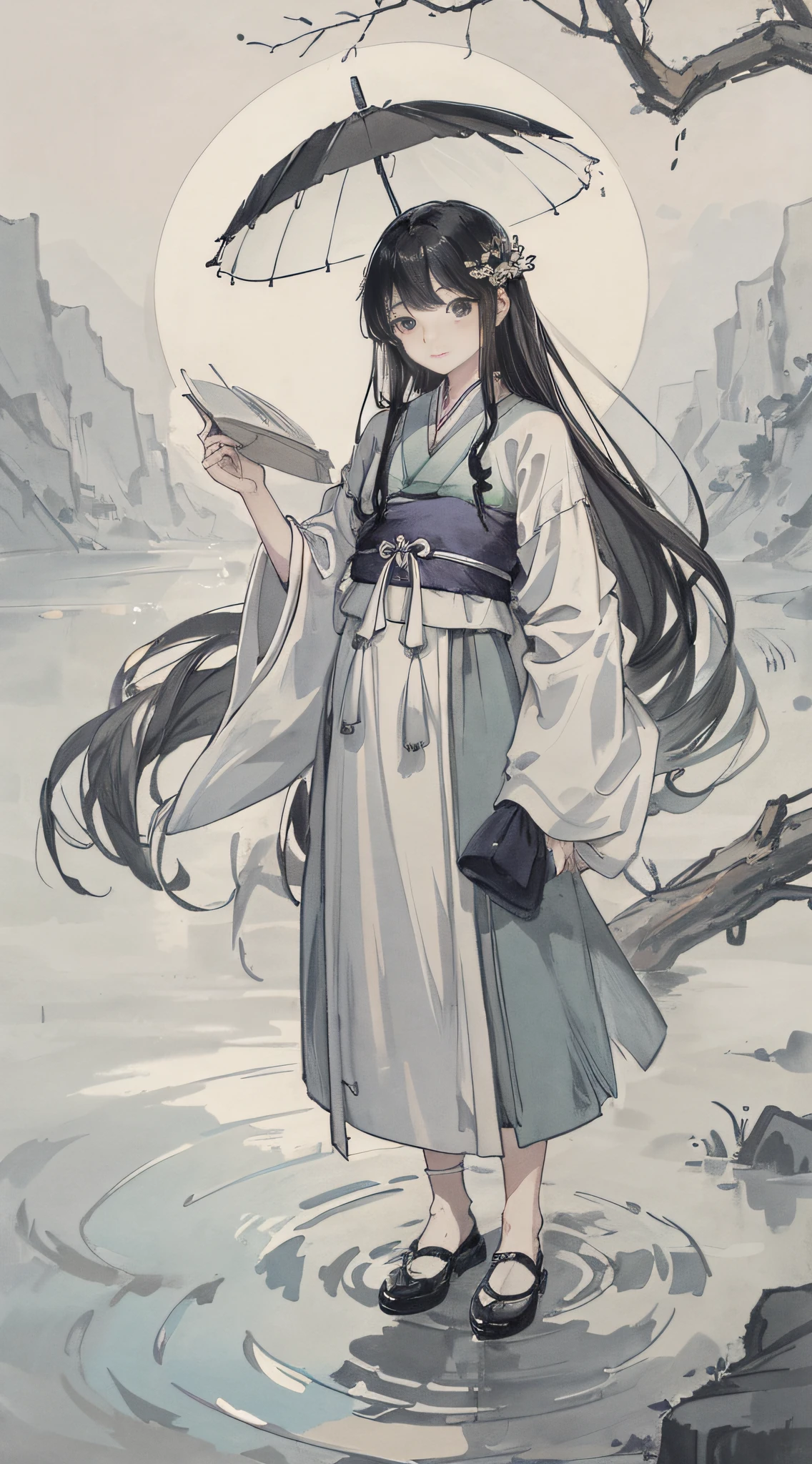 Maiden, in the water, ripples, big eyes, black hair, hanfu, cloth shoes, rain, big moon, hd