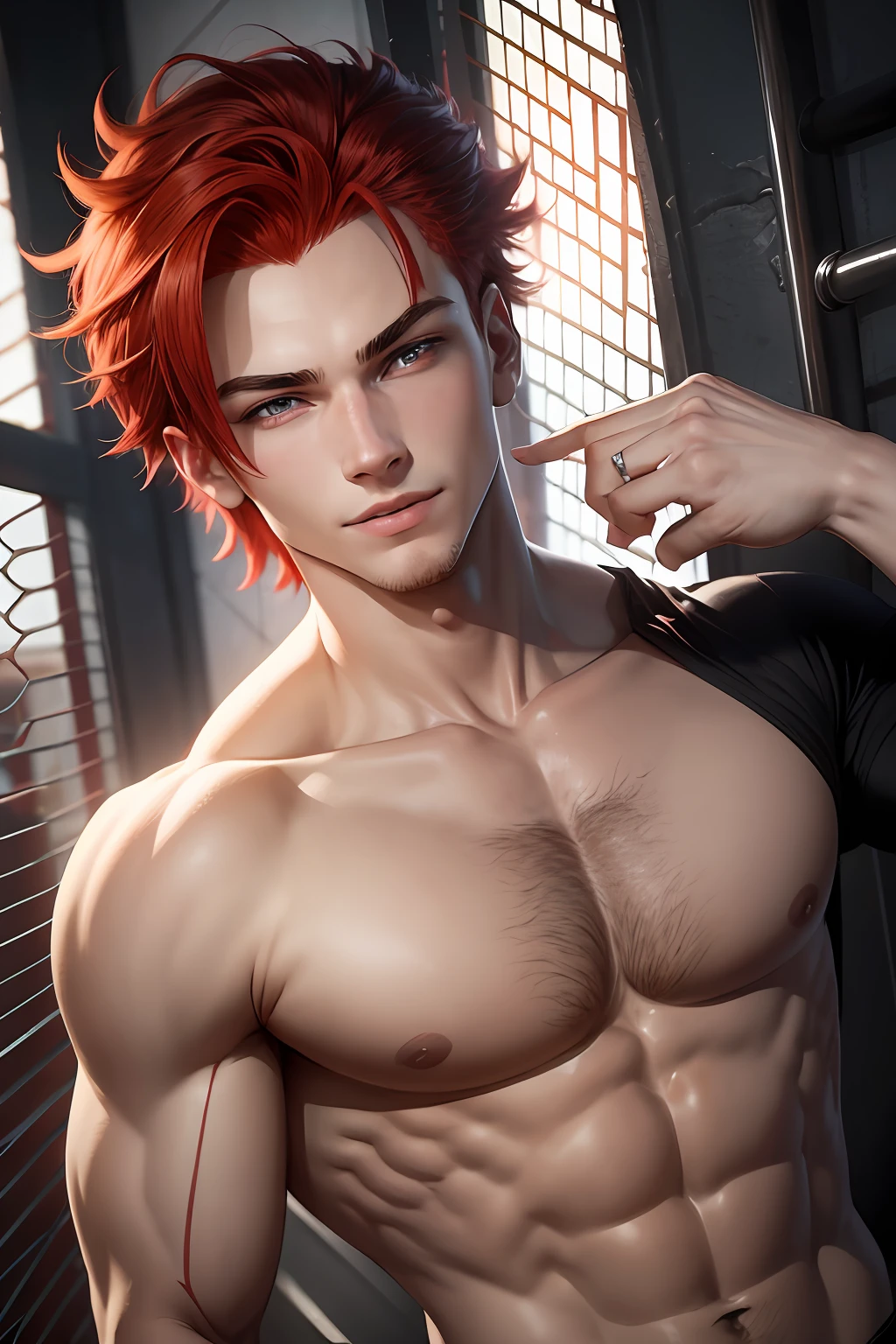 A young man with red hair and red eyes, a evil smile, athletic body, in a jail, wearing a black shirt. --auto --s2
