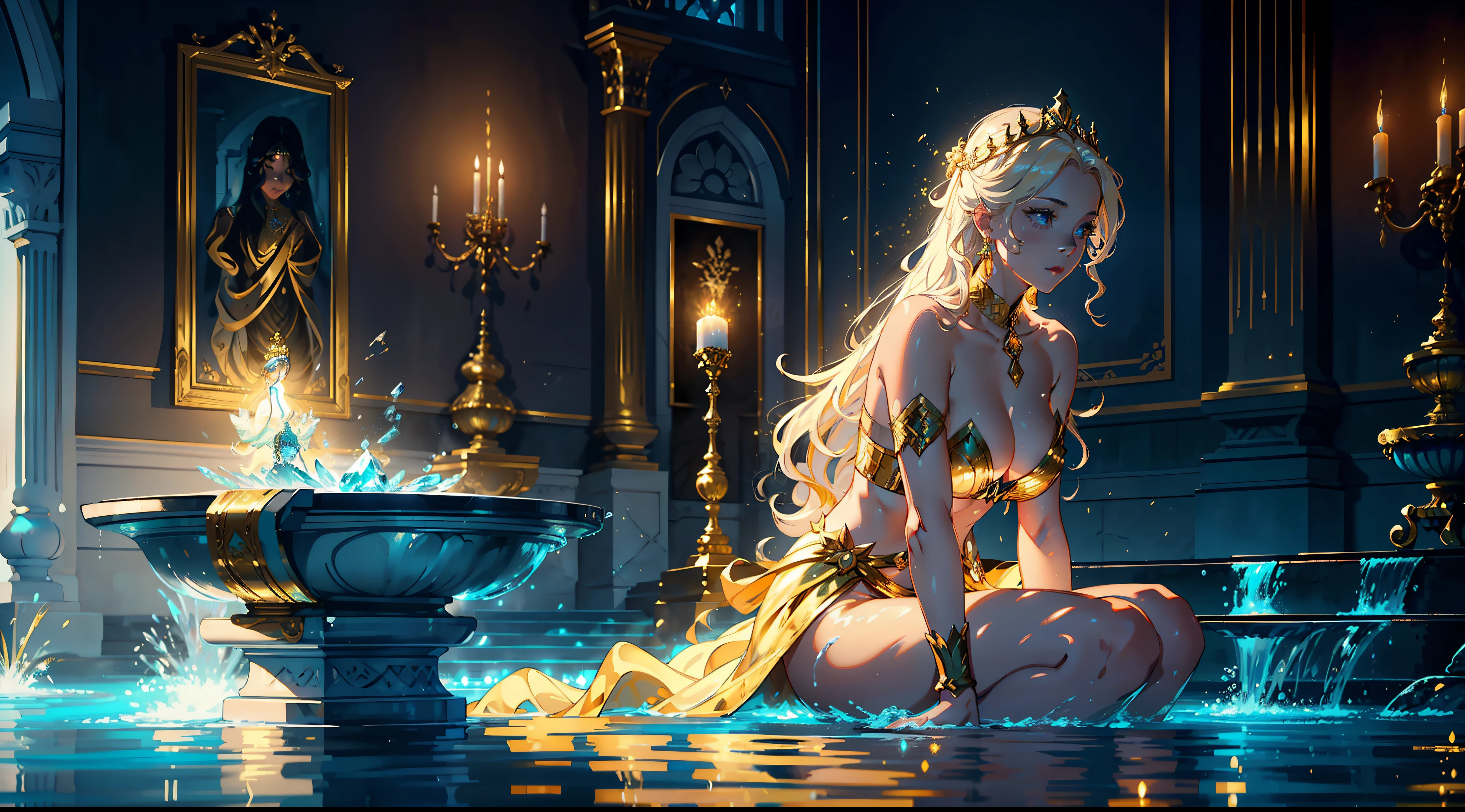 Total focus on a woman doing a light ritual at the edge of a crystalline water fountain in a palace with golden and chic decorations + close-up full-body showing, pose, cinematics, detailed pretty face, exquisite details, 8k UHD, ultimate brushing, master brushwork, trending on artstation, master drawing, masterpiece