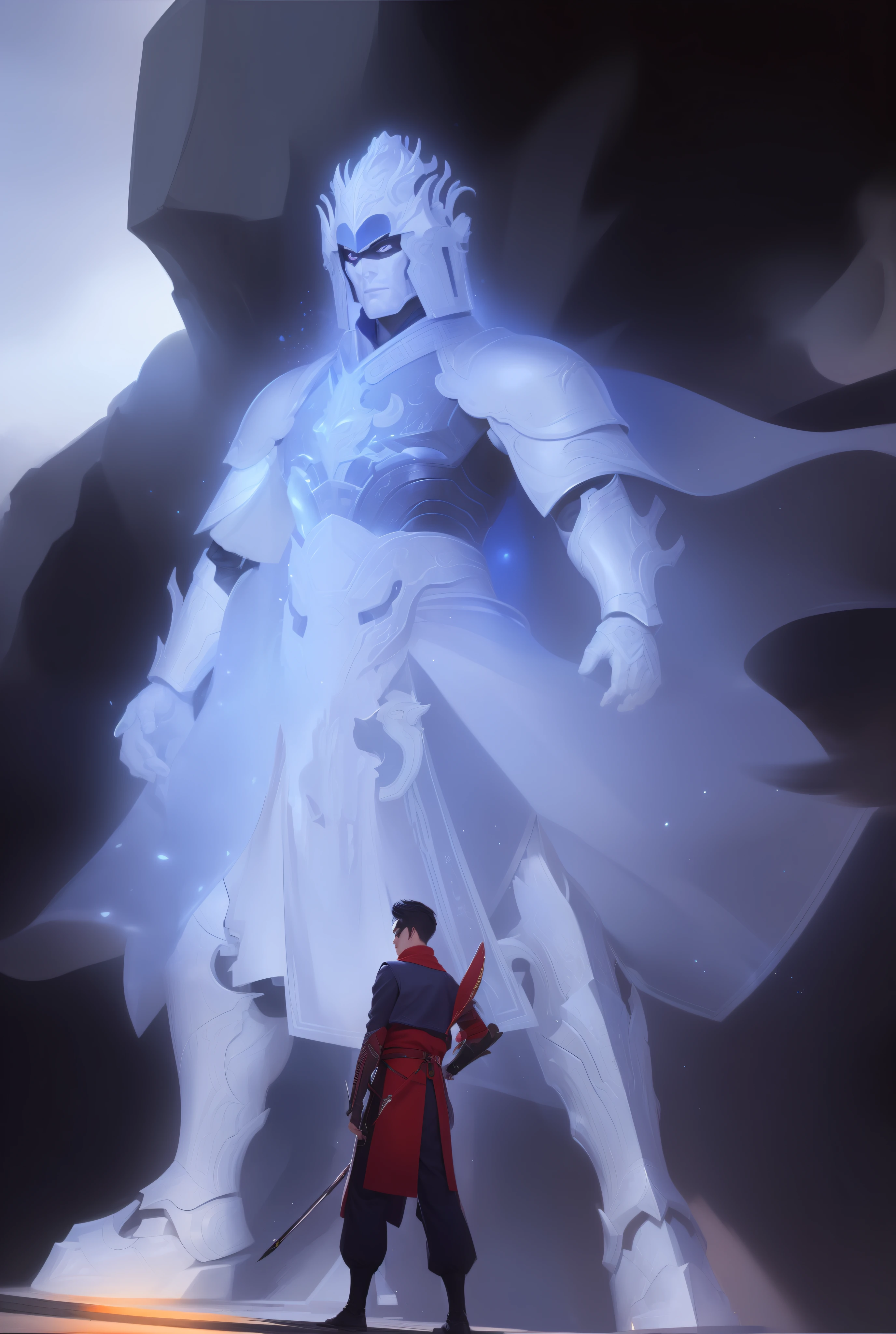 There is a man standing in front of a large statue, (the statue is illusory, with a full helmet and armor, a helmet that covers the facial features, a fully covered armor helmet,) Yiqiang and Shurakget, inspired by Huang Shen, Kurase Jinyao, wearing ethereal armor, inspired by Cao Zhibai, inspired by Lu Zhi, inspired by Li Kan, inspired by Ju Chao, Feng Zhu concept art, Ross Chen and Michael Whelan