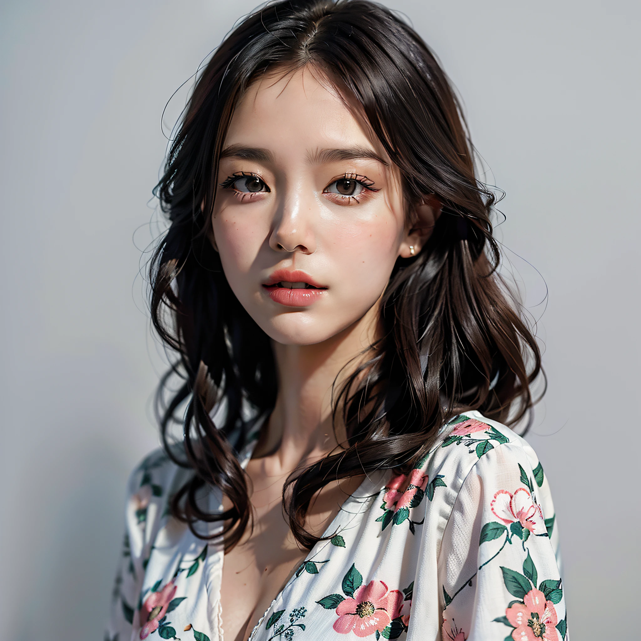 Best quality, 1 beautiful woman, wearing floral onepiece, 35mm lens, f/ 1. 8, looking at viewer, white background