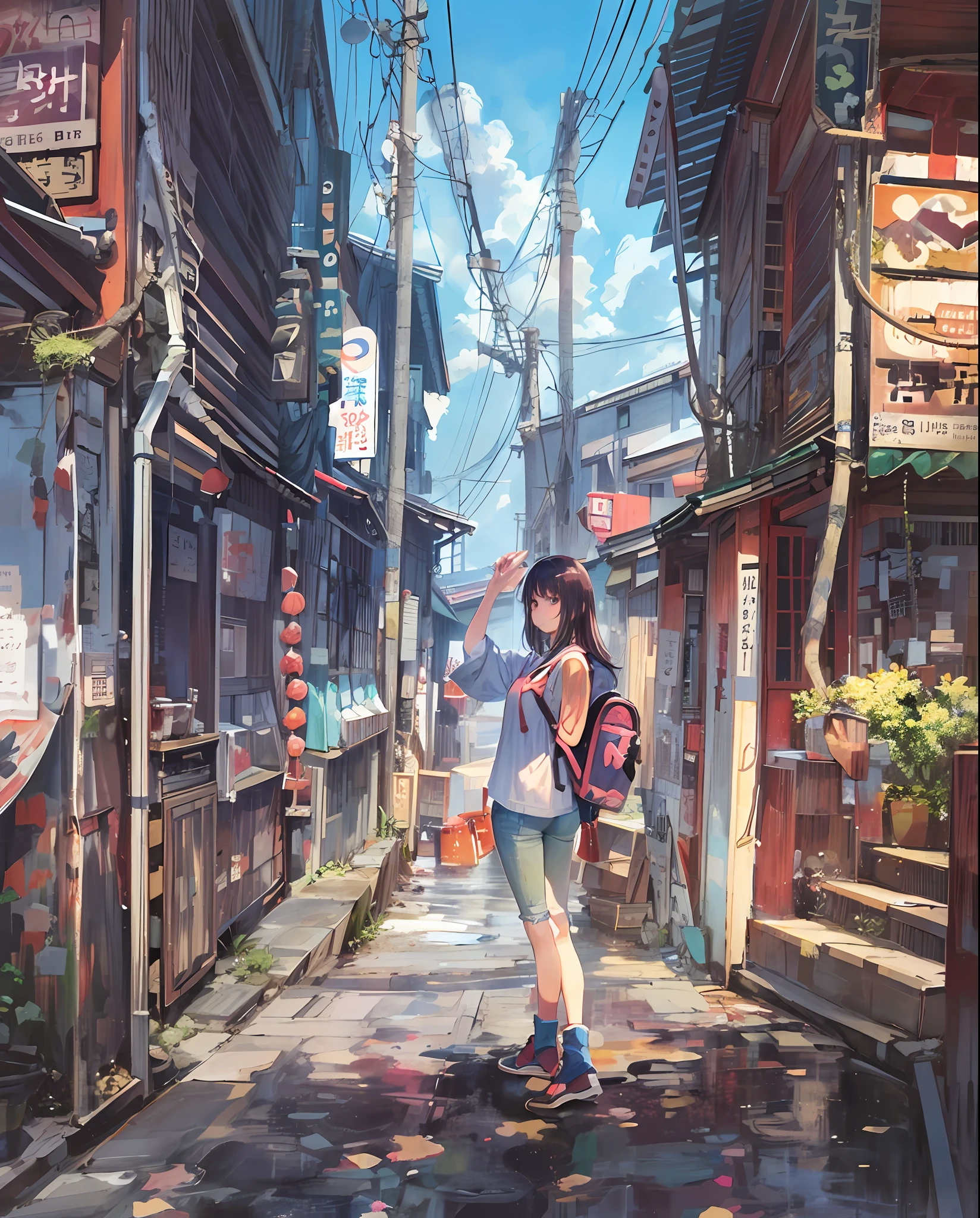 lofi, good style, long legs, (((woman with beautiful face)),22 years old,Japan house、sea view in the back、jeans、backpack