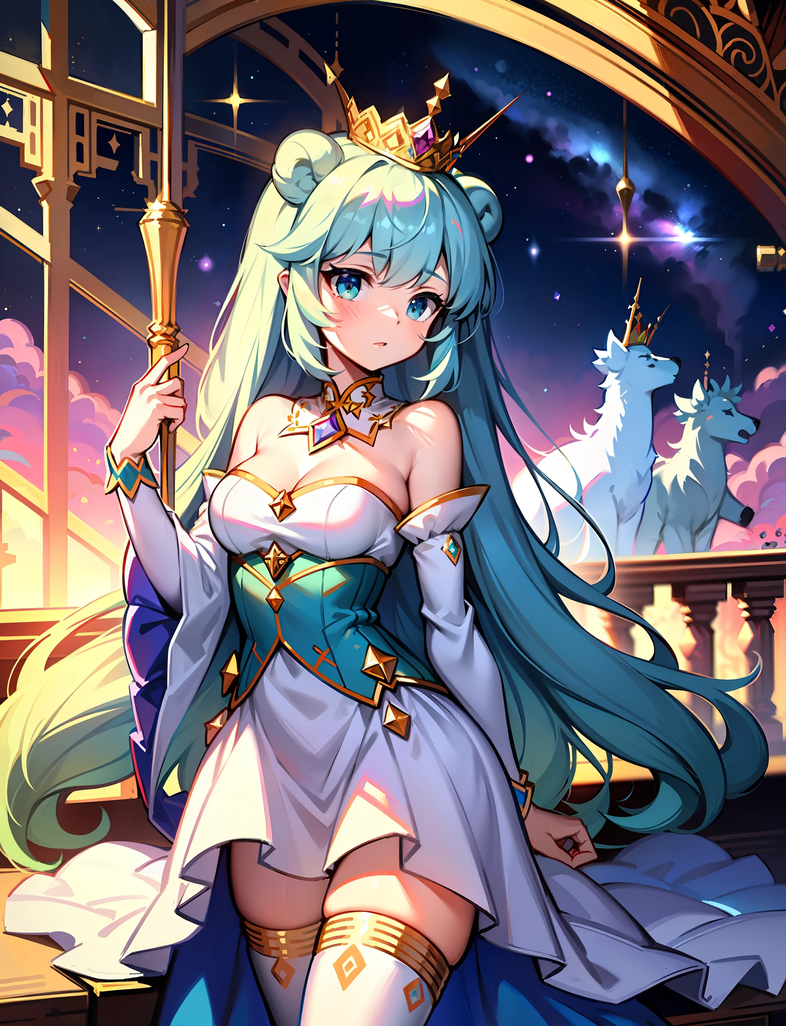 masterpiece, best quality,  princess_celestia, crown, regalia,  Beautiful Art Style, 1girl, young woman,bear band legwear, acclaimed, ship, one arm behind her back,cosmic,