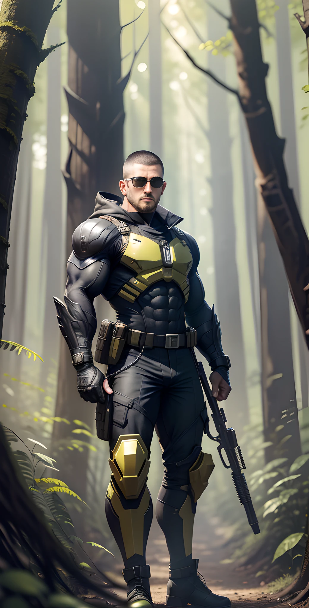 Arad man in yellow and black clothes standing in sunny forest, American round head, Buzz cut, muscle male hero, conceptual art like Ernest Khalimov, heroic male pose, muscular! Wearing black sunglasses, cyberpunk, stealth suit, black army boots, super buff and cool, high resolution committee, Chris Redfield, Jigachard muscle, Ernest Khalimov body, character design police, black military boots, charismatic strong male with armor, sunlight shining through the gaps in the woods