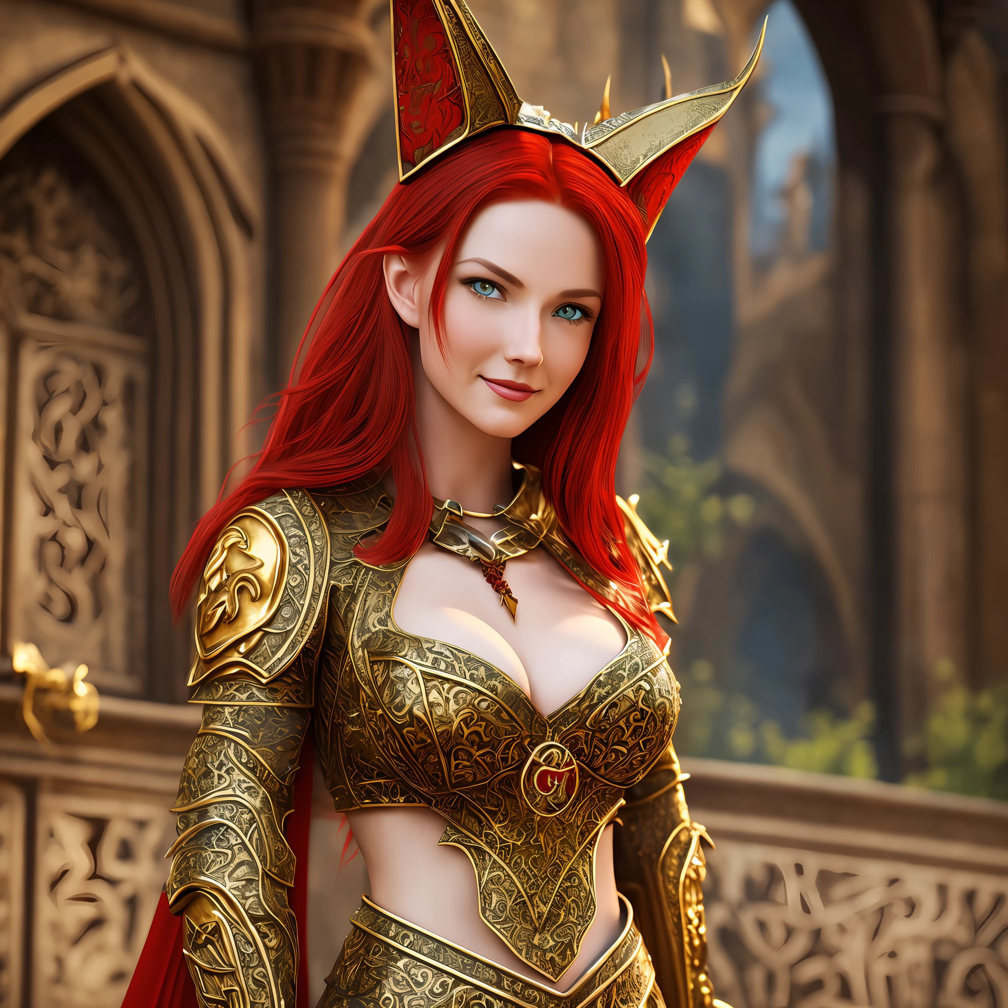Red-haired medieval woman. Blue eyes. Medieval dress. Medieval setting. Fierce red dragon in the background. Detailed lips, defined abdomen, cracked abdomen, smile. Realism 1.3, (photorealistic 1.4) detailed eyes. Ultra realism, golden clothes, neckline, abdomen with buds, fitness body.