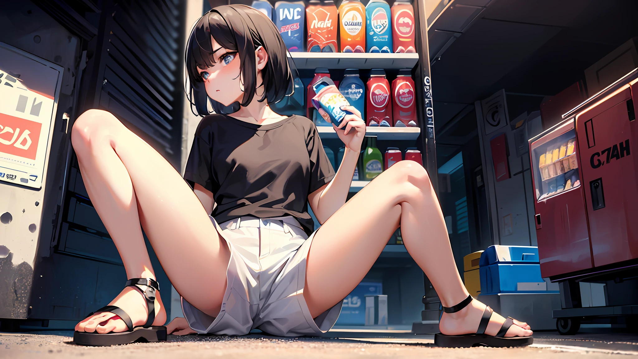 (8k, top quality, masterpiece: 1.2), (realistic, photorealistic: 1.37), super detailed, one girl, one person, (((unkempt hair)), short hair, bob hair, black hair, (long face), breasts small, thin, , body small, small body, teenager, ((big eyes)), black and brown pupils, sleepy eyes, eye bags, panda (eyes), helpless eyes, depressed eyes, dark areas around the eyes, ((under shadows)), ((leaning against the vending machine)) (black shirt ) with band, shirt, short sleeves, loose collar, clothing (undergarment), ((looking at the ground)), (head down: 0.8 ), mouth closed, expressionless, (facing down)), ((white shorts: 0.8 ( Bottom))), thigh light, (light from behind) sloppy hands, ((sandals)), ((from the side)), squatting, ((knee in front of chest: 1.2)), canned drink (small), knee closed, vending machine background, outdoor, large ((red vending machine)), red vending machine, (residential area house detail: 1.3) back, (detailed beautiful sky: 1.5), (clouds: 1.4), (uphill alley behind: 1.2), ((alley)), Close lens, road sign