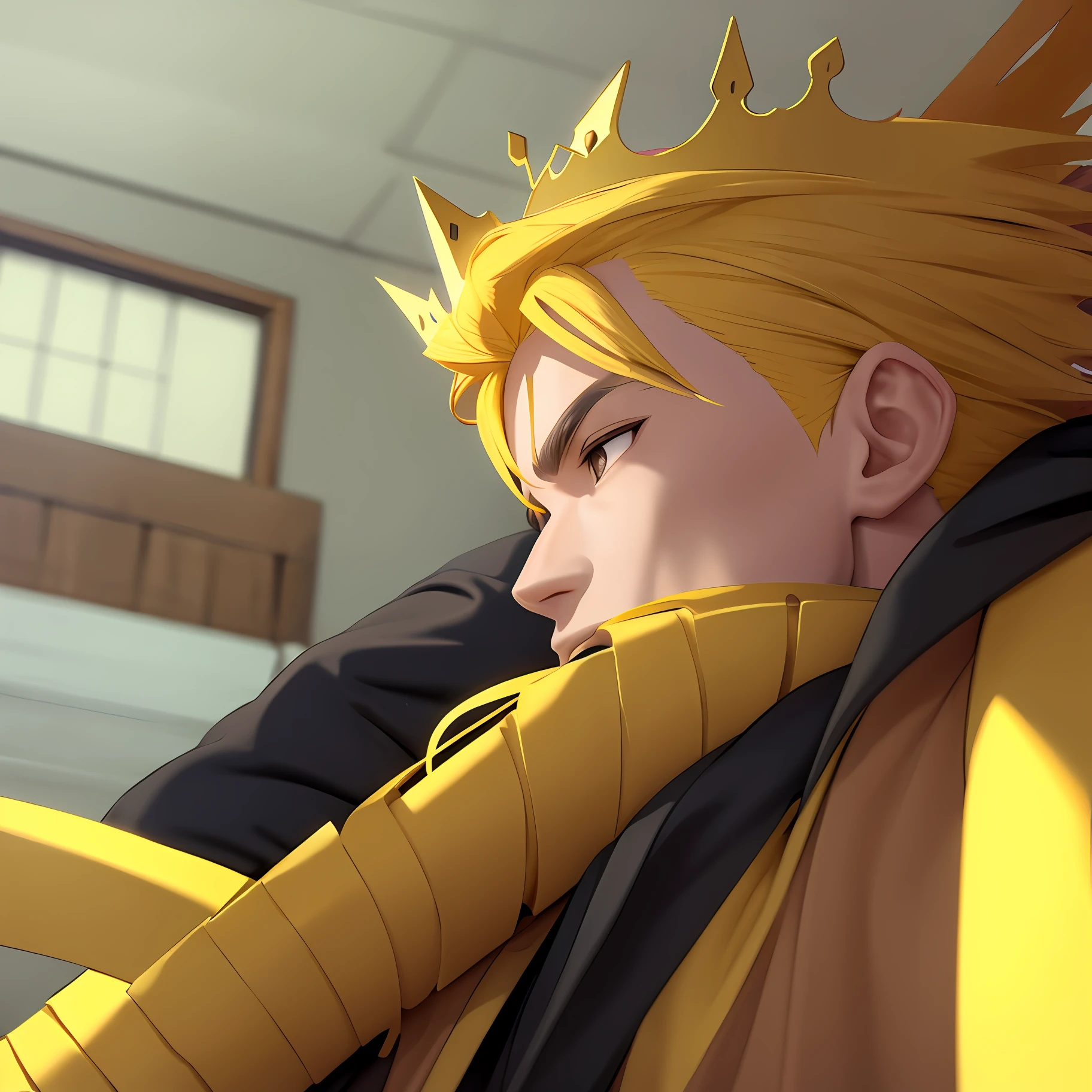 A man seven feet long with a yellow crown on his hair
