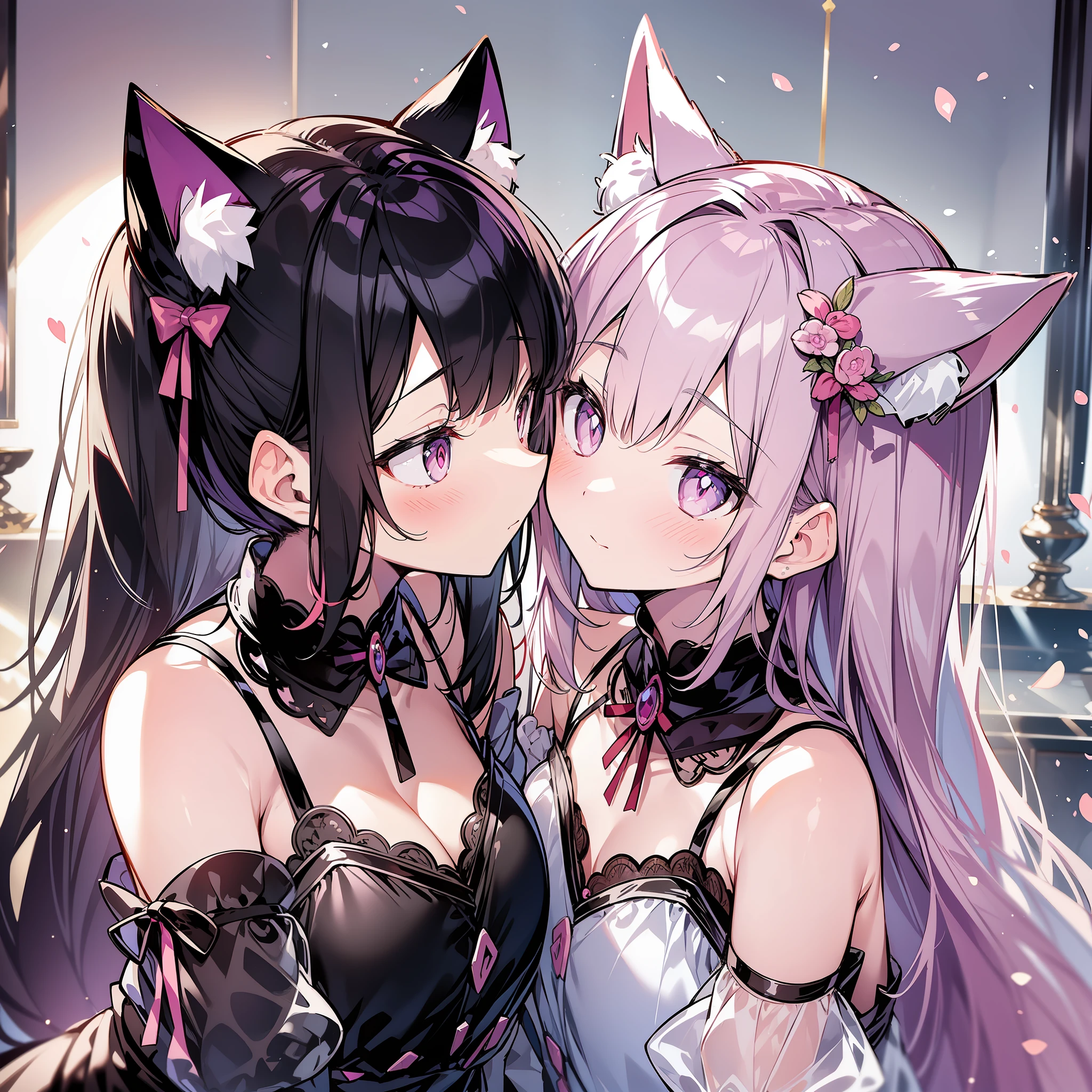 Two cat-eared li in dresses look at each other and kiss, one with black hair and red pupils, the other with pink and purple pupils, with a delicate face and a shy expression, and the background is the room