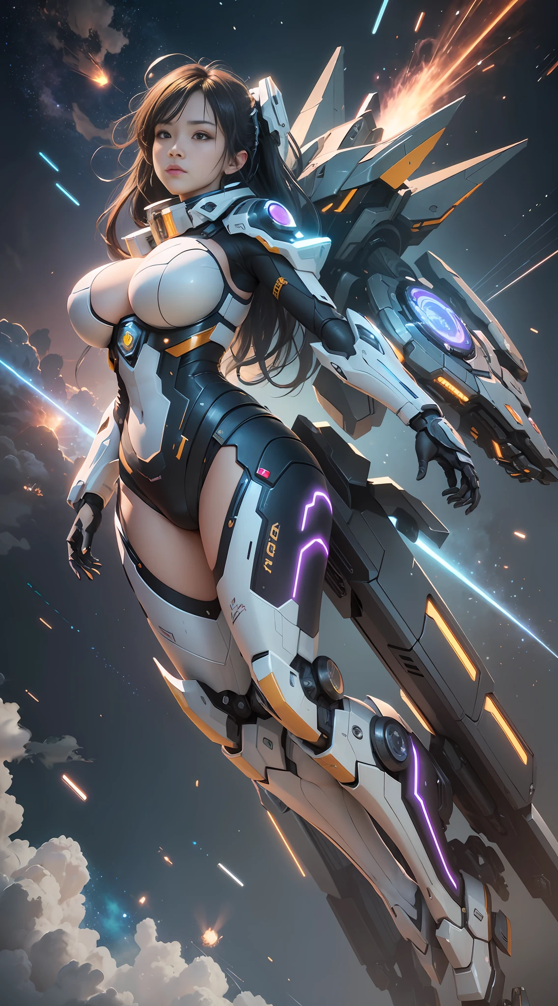 ((Best quality)), ((masterpiece)), (highly detailed:1.3), 3D, beautiful, (cyberpunk:1.2), in space, nebula, holding_weapon, laser, (1Female mecha:1.3), sexy body, facing the audience, Glowing eyes, full body, (flying, swooping down, dynamic, motion blur: 1.4), (huge mech wings: 1.6), looking up, glowing_eyes, mecha, panorama, background is earth, nebula, space, particles, Reality, HDR (High Dynamic Range), Ray Tracing, NVIDIA RTX, Super Resolution, Unreal 5, Subsurface Scattering, PBR Textures, Post Processing, Anisotropic Filtering, Depth of Field, Maximum Clarity and Clarity, Multilayer Textures, Albedo and Specular maps, Surface shading, accurate simulation of light-material interaction, perfect proportions, Octane Render, two-tone lighting, large aperture, low ISO, white balance, rule of thirds, 8K RAW, efficient sub-pixel, sub-pixel volume product,  (best quality),(Japanese:0.5),(korean:0.8), (Liu Yi Fei:1.5) long hair, (big breast:1.2) --auto --s2