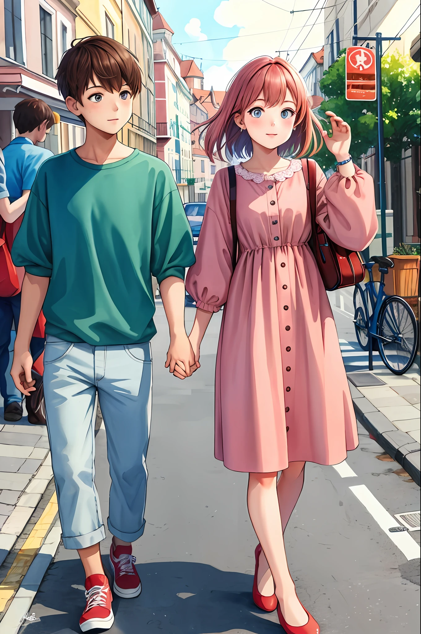 semi-realistic, 2.5D, detailed, flat color only, illustration, line art, watercolor, best quality,
Detailed background, 2 people, one boy, one girl, euro_street, random_wear,