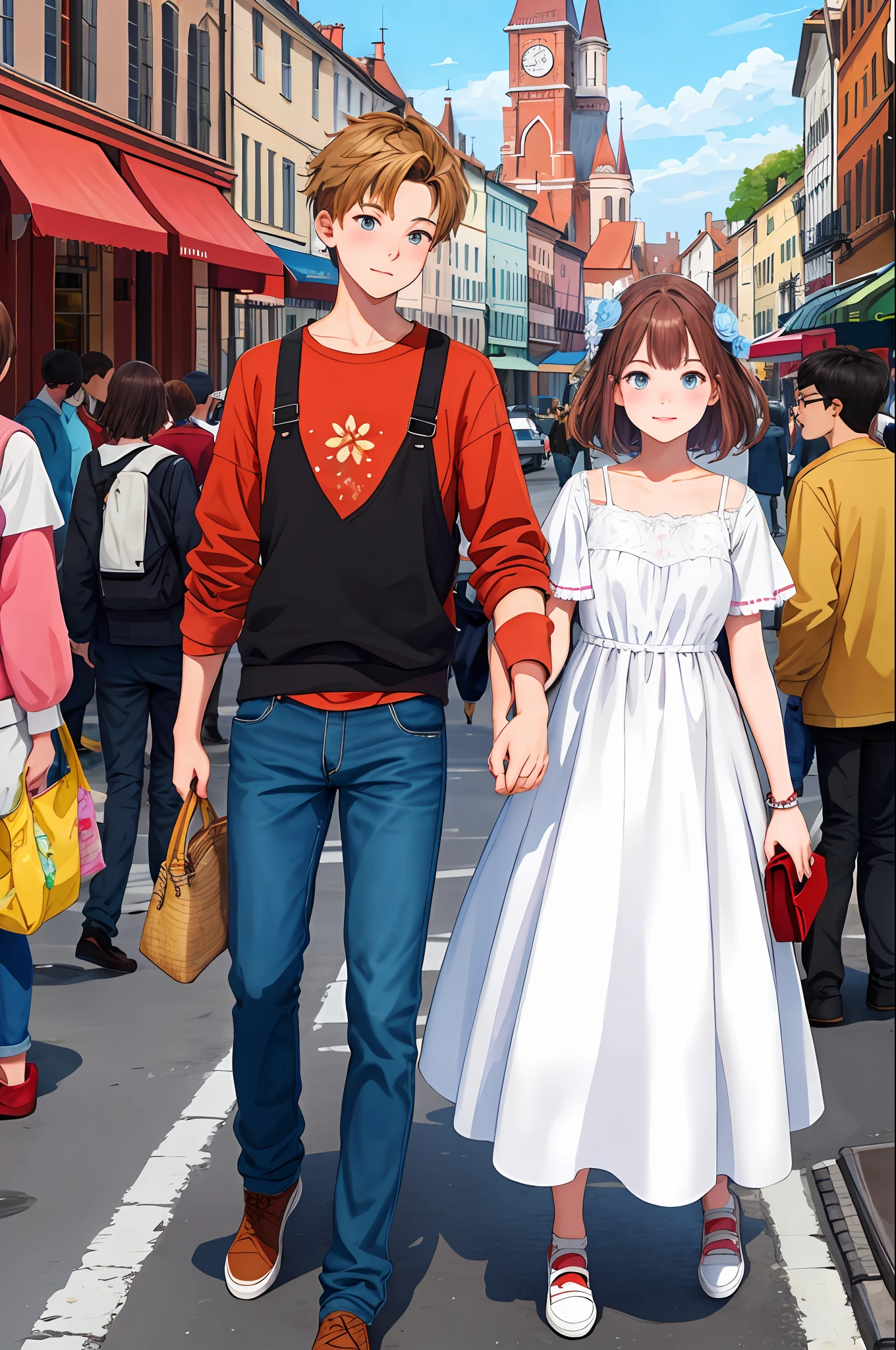 semi-realistic, 2.5D, detailed, flat color only, illustration, line art, watercolor, best quality,
Detailed background, 2 people, one boy, one girl, euro_street, random_wear,