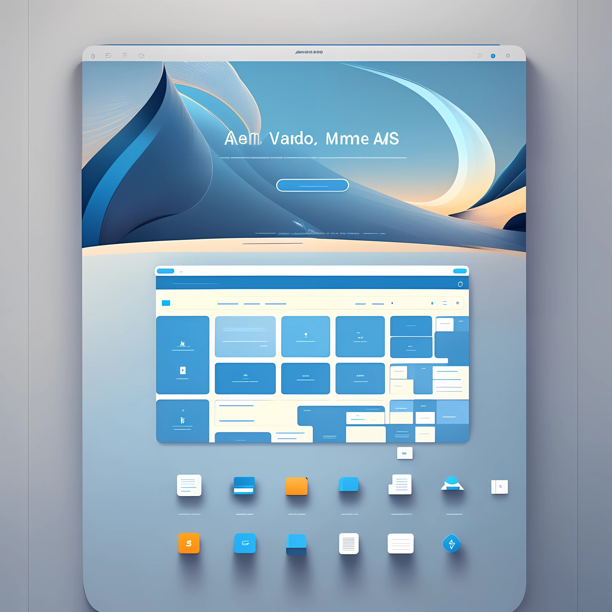 there is a computer screen with a keyboard and a mouse, aerogel ios ui concept, blue theme, 3d ios interface design jony ive, blue color theme, amazing blue background theme, blue realistic 3 d render, full device, digital ui, ui design, flat minimalistic, full screen, axure sky, user interface design, app design