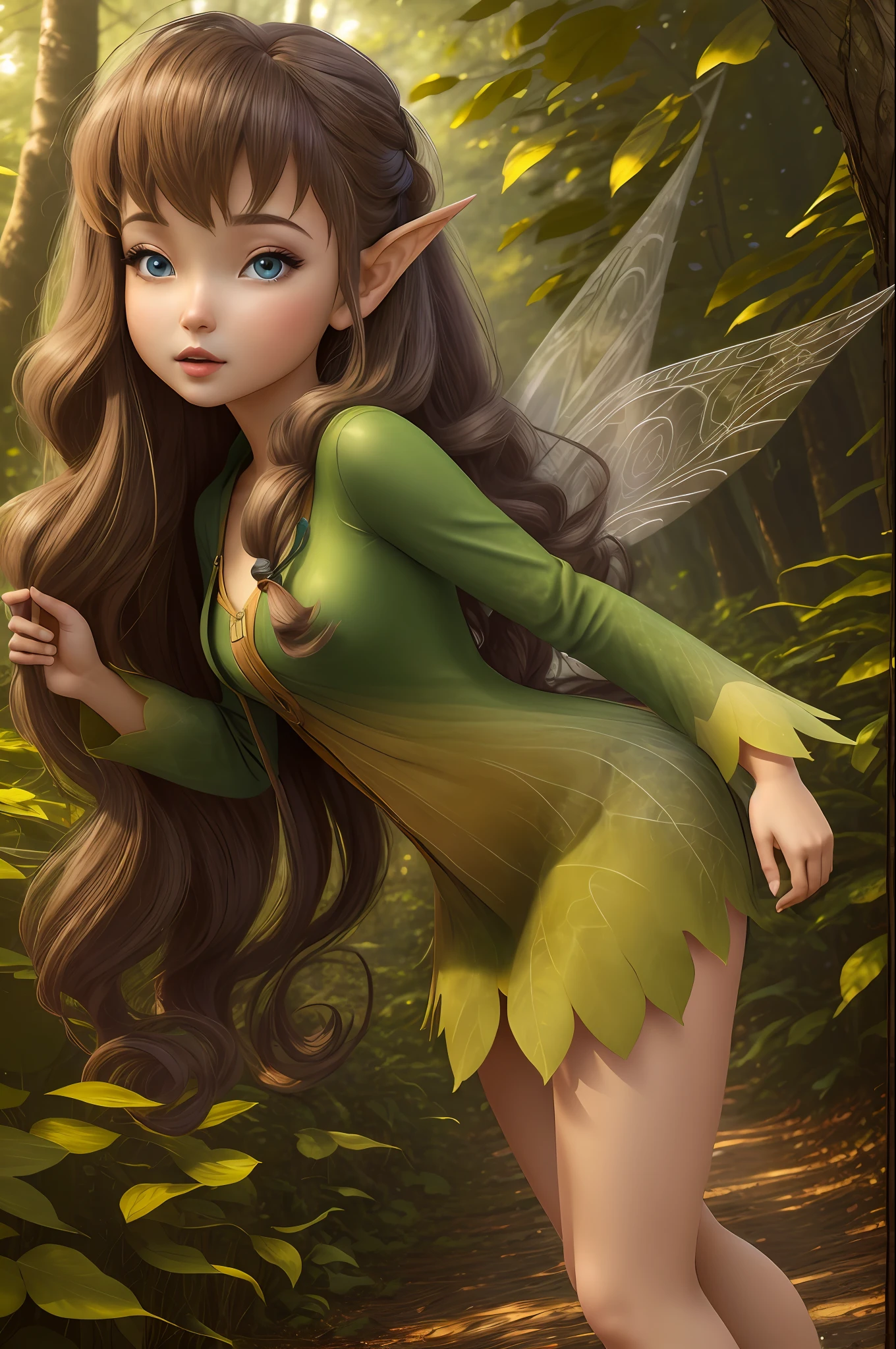 masterpiece, 8k, perfect ligthing, , adult, female, looking at the viewer, cinematic lighting, full-body shot, wavy loose long hair, cute eyes, cute face, delicate, shy (green clothes), ((clothes made of leaves)), (fairy wings:1.2), pointed ears, brown eyes, (detailed eyes:1.2), stirring in the forest, blush, (shrunken), clouds, pixiedust, Forest, Island,