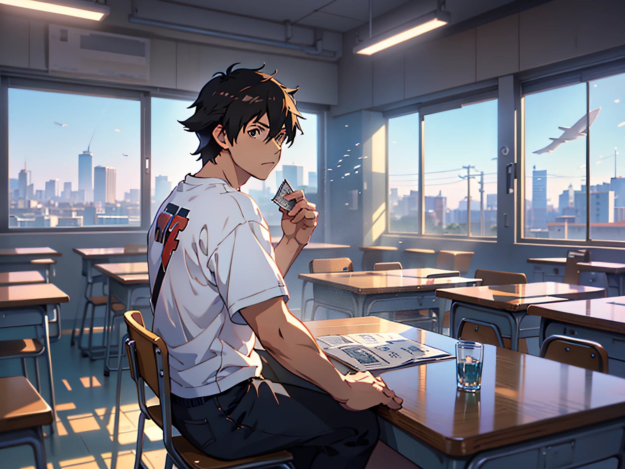 An anime boy character sitting on a chair, a high school boy in a school classroom, a man wearing a white T-shirt, the background is inside the classroom, sitting on a stool, the camera is mainly the upper body, (dollars flying in the air 2.2, money flying around him) (1.5), Loepfe Art Style, ((Makoto Shinkai)), popular on CGSTATION, Makoto Shinkai. —H 2160, Loepfe aesthetics, Loepfe, inspired by Bian Shoumin, Loepfe hip hop, Shinkai Makoto, Kavasi, Guvitz style, high quality, 4K, 8K, resolution, --auto --s2