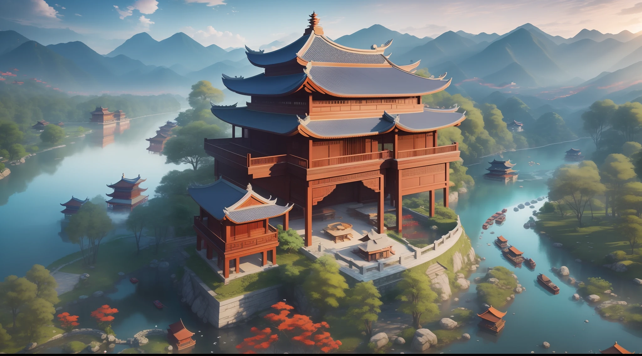A pavilion city mansion in the middle of mountains and rivers, traditional Chinese architecture, magnificent, mountains, Jiangnan water town, surrounded by trees, red flowers and trees, a river surrounds the city mansion, the river has villages along the river, boats, docks, smoke, sunset in the sky, aerial view, Unreal Engine, HD, high resolution, 8K,