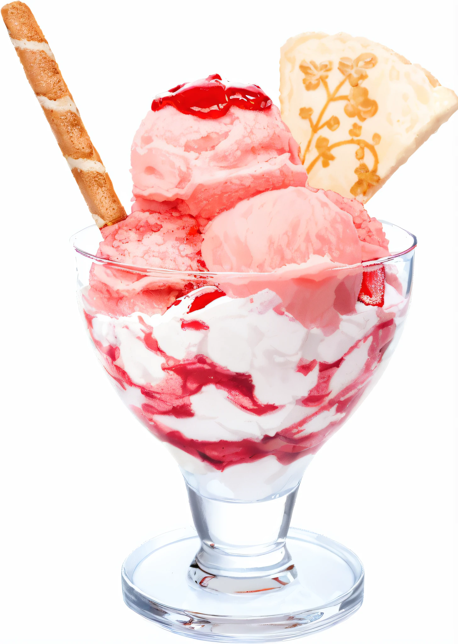 There is a glass bowl with ice cream and a piece of bread, strawberry ice cream, ice cream, parfait sea, next to ice cream, cream, milkshake, ice cream cone, cartoon style