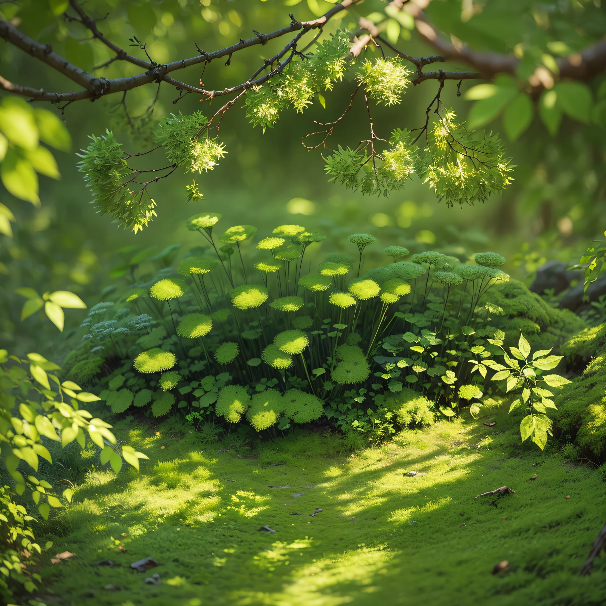 There is a green bush in the middle of the forest with yellow flowers, natural realistic rendering, miniature forest, fantasy magical vegetation, lush fairy tale forest, fantasy forest landscape during the day, on a lush leaf planet, realistic fantasy rendering, green plant forest, rendering in Cryengine, fantasy forest environment, overgrown with fungi, rendered in Unreal Engine 4 K HQ, 3:4