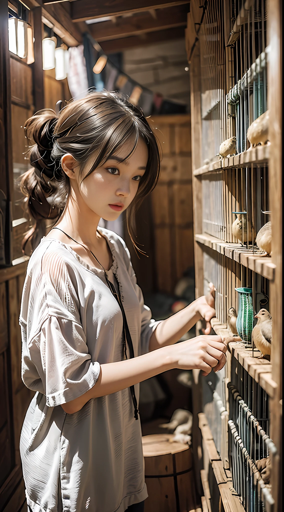Inside the wooden house, a 25-year-old woman plays with quails, which are kept in small cages