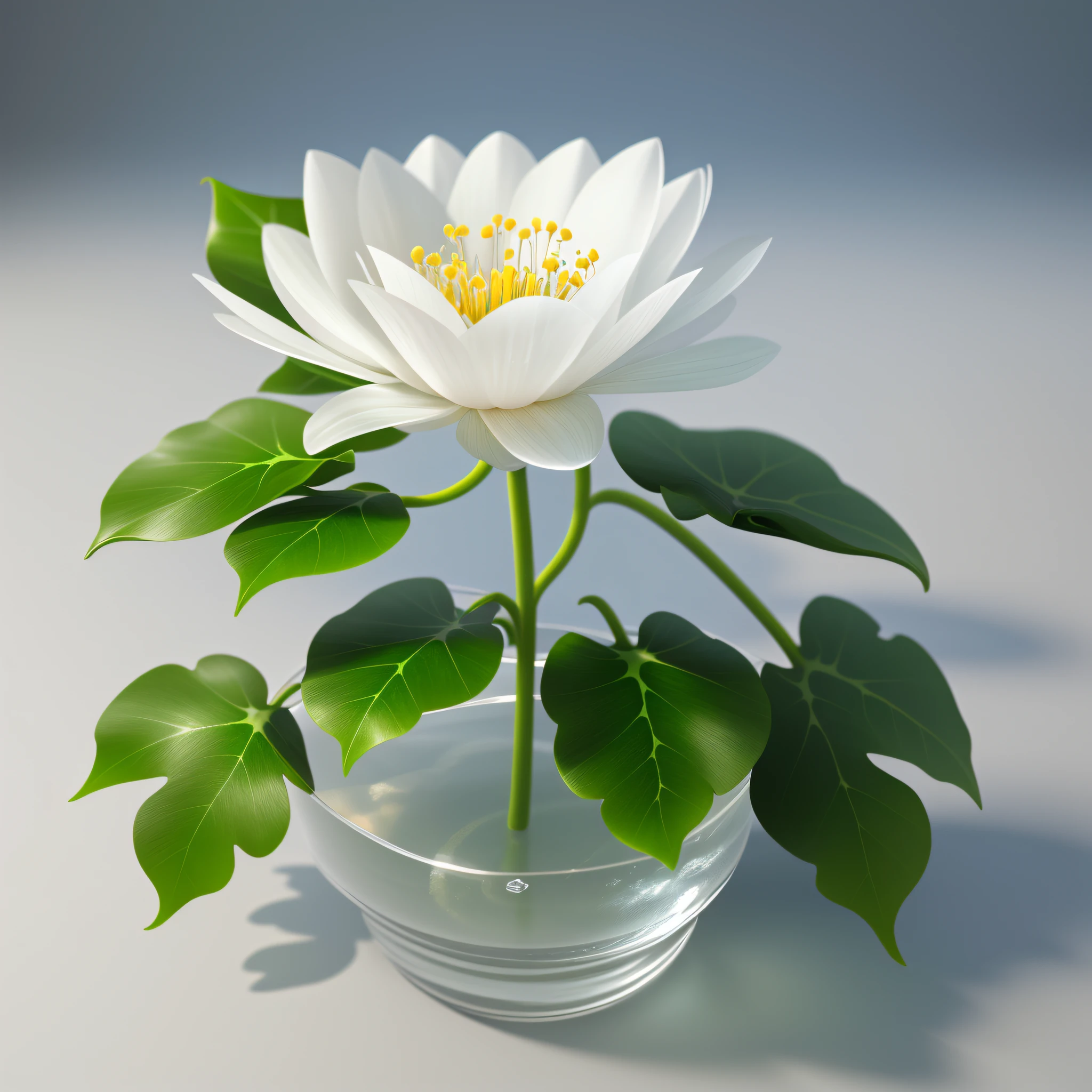 A white flower, transparent petals, as deep as seawater, crystal clear + dewdrops, 8K, HD, ivy, flowers, tropical plants, 3d rendering