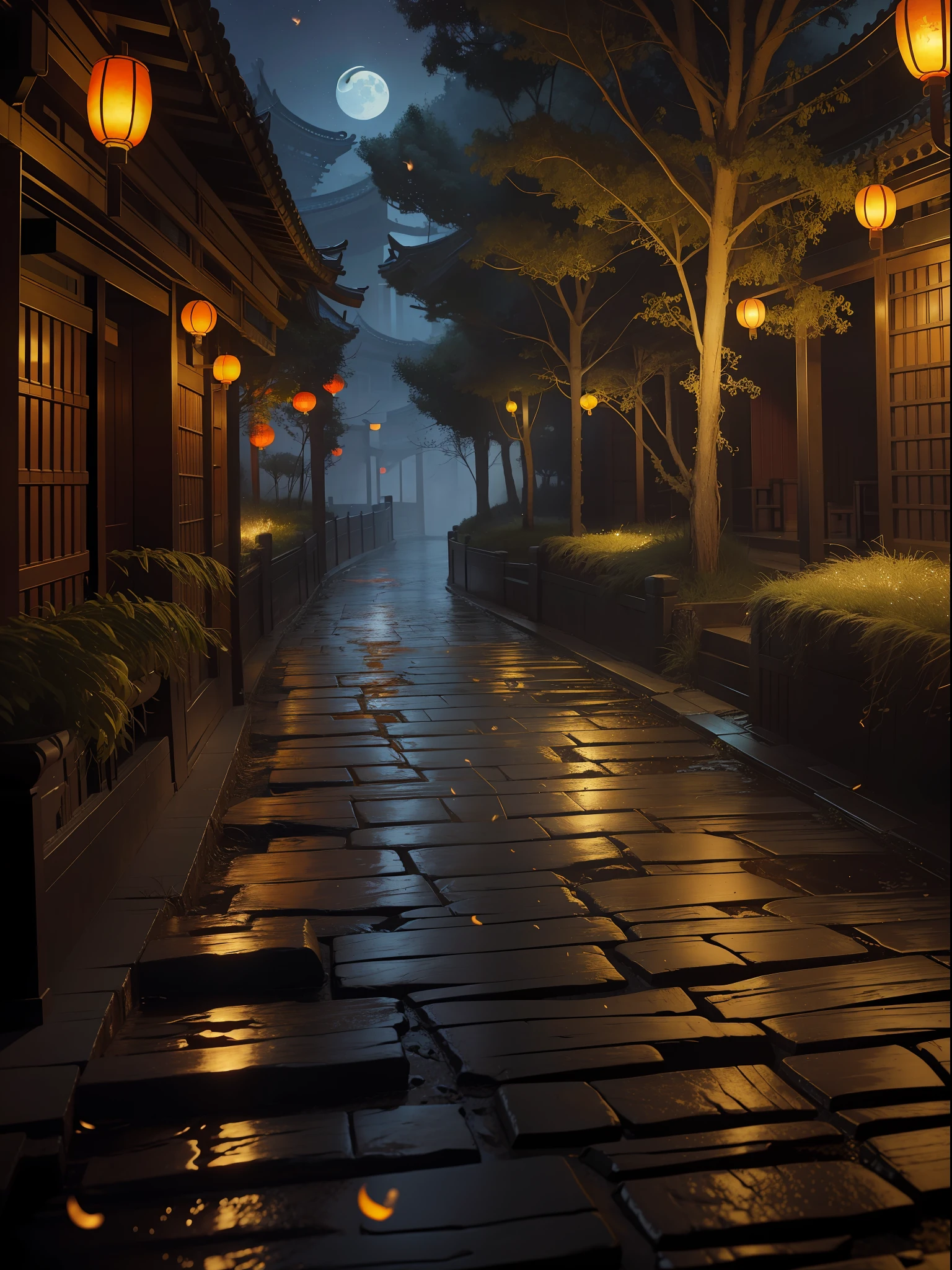Official Art, Ancient China, Ancient Streets, (Lots of Fireflies), (Night), (Moon), Lights, Beautiful Landscapes, Epic Landscapes, Realistic Lighting, Masterpieces, High Quality, Beautiful Graphics, High Detail, Global Illumination, Unreal Engine Rendering, Octane Rendering, (HDR:1.3)