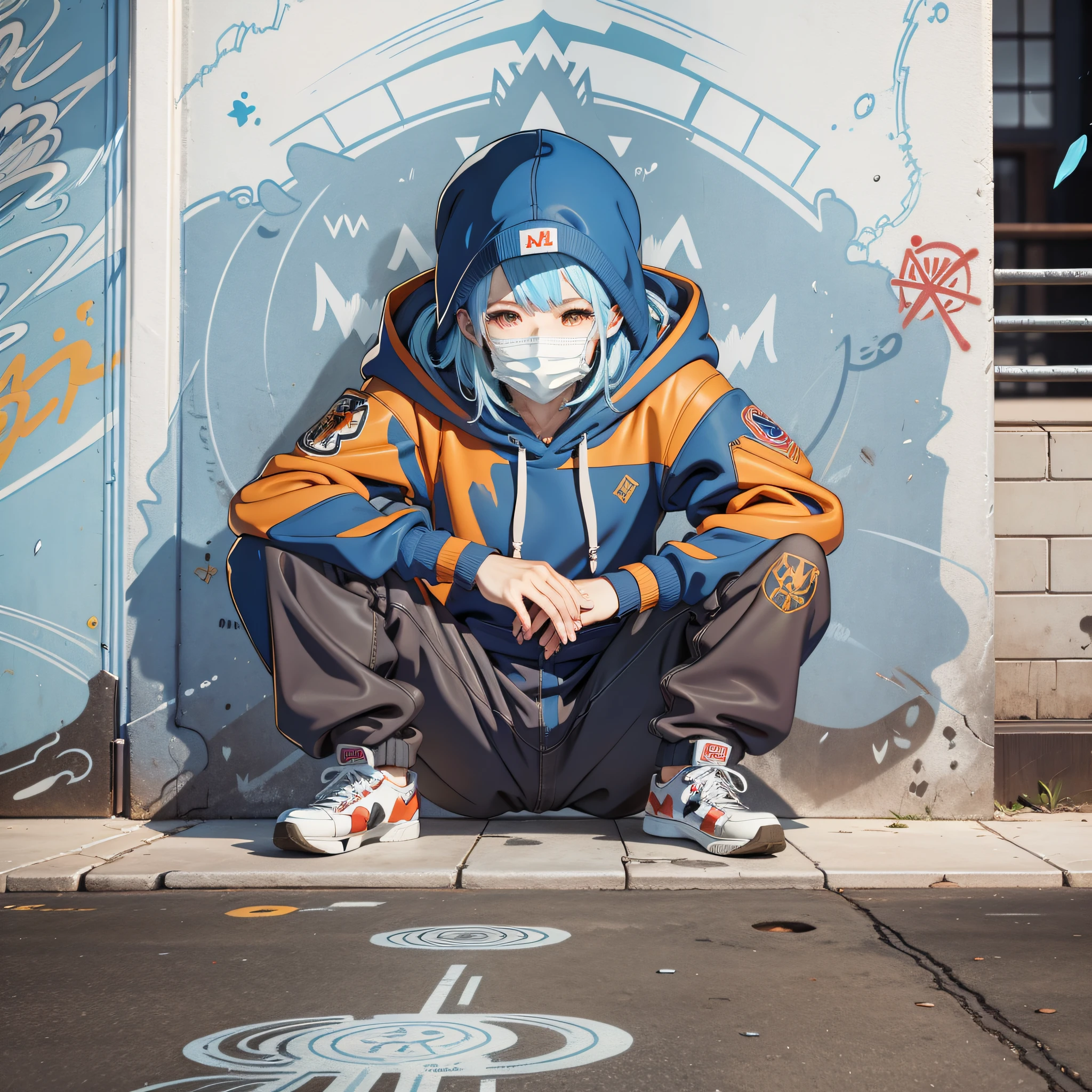 Anime character with mask and hood doing street pose with graffiti
