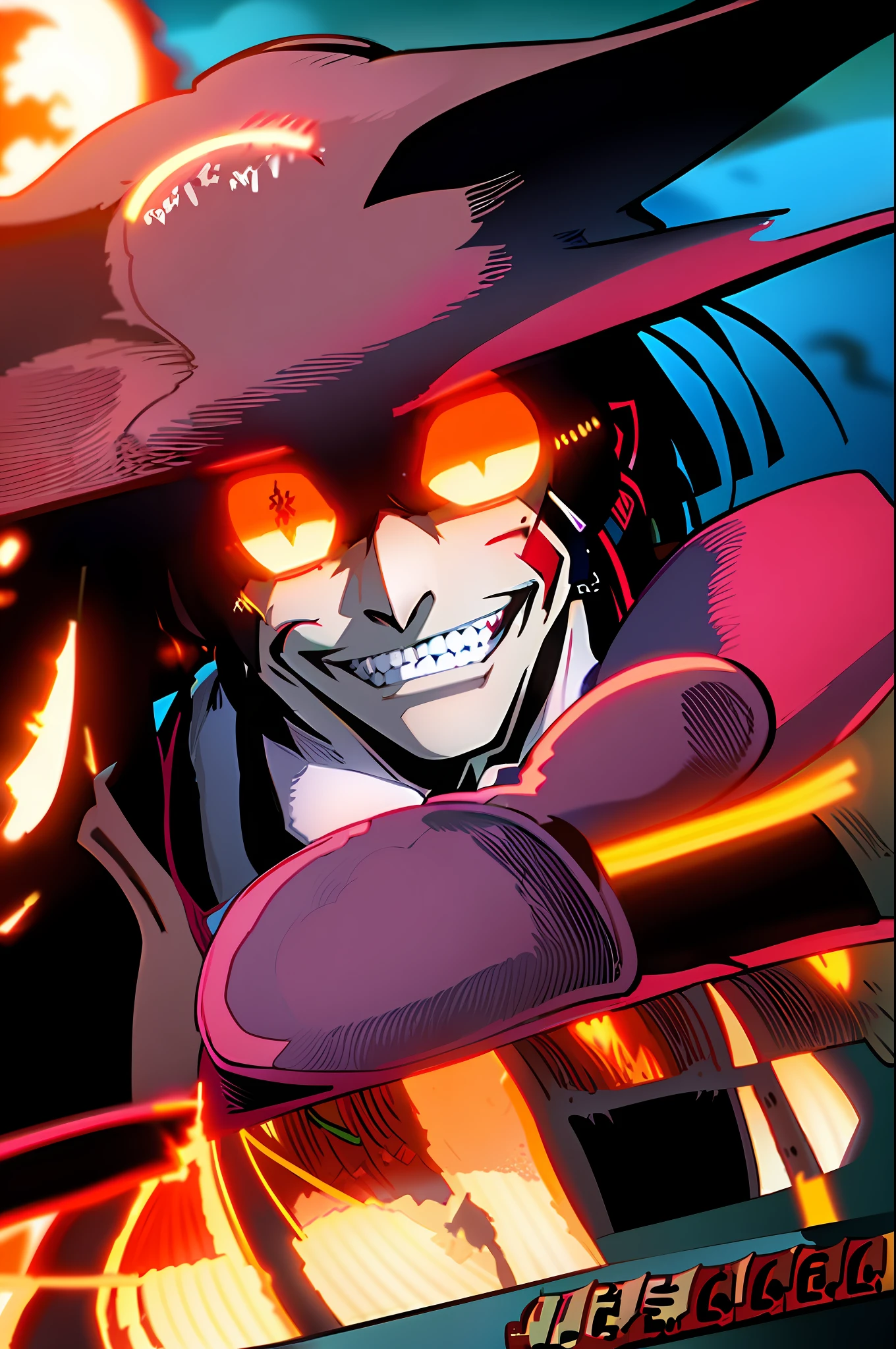 (magnificent portrait of) ((alucard:1.3)), boasting best quality and absurd resolution, in a breathtaking outdoor night scene. This evil and confident boy is standing in front of a viewer, wearing glasses, with his hands casually slipped into his pockets and a wicked grin on his face.