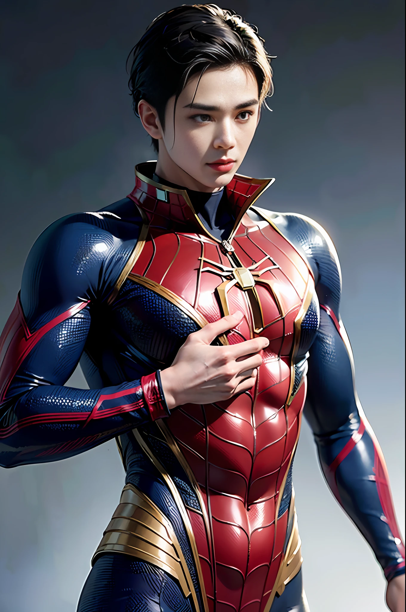 RAW, (21-year-old Chinese boy: 1.5), no mask, masterpiece, super fine photo, best quality, super high resolution, photorealistic realism, sunny handsome, full body portrait, domineering, dynamic pose, delicate face, vibrant eyes, (viewed from the side), he wears a futuristic steel man Spider-Man costume, very detailed background, detailed face, detailed complex busy background, highly detailed skin, realistic skin details, visible pores, sharp focus, volumetric fog, 8k uhd, DSLR, high quality, film grain, fair skin, photorealism, huge metropolis in a future dystopia , seen from below, translucent, protruding lower body,