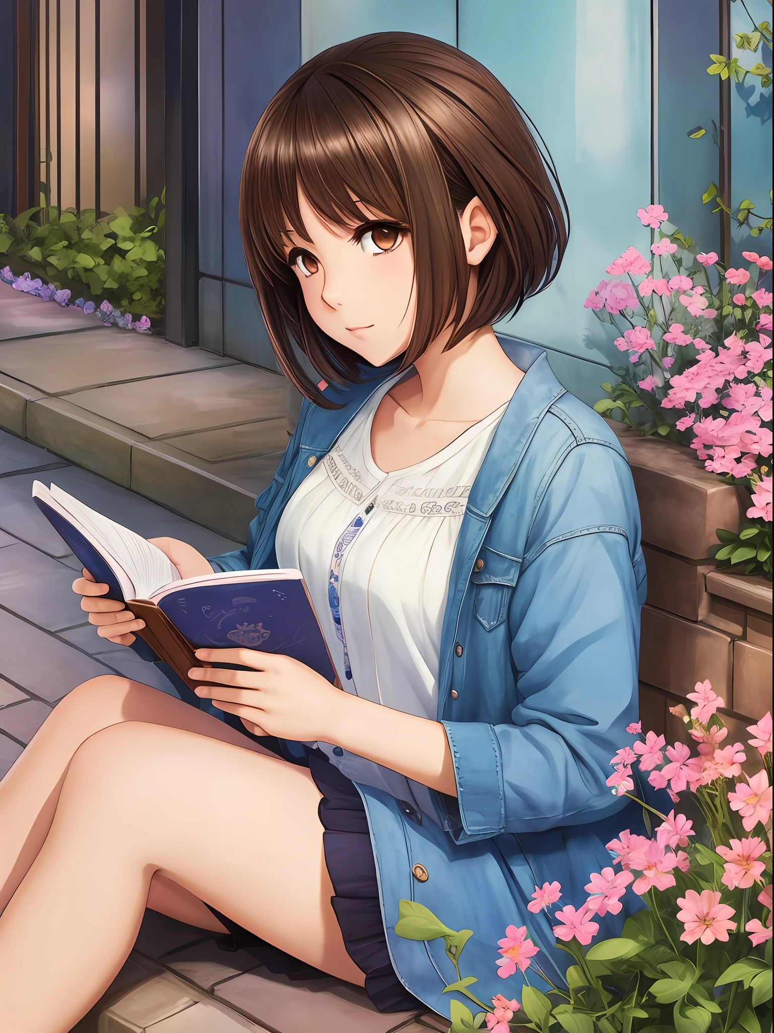 1 anime style girl, brown eyes, short brown hair with blue locks, sitting reading a book in a flowery square, super detailed