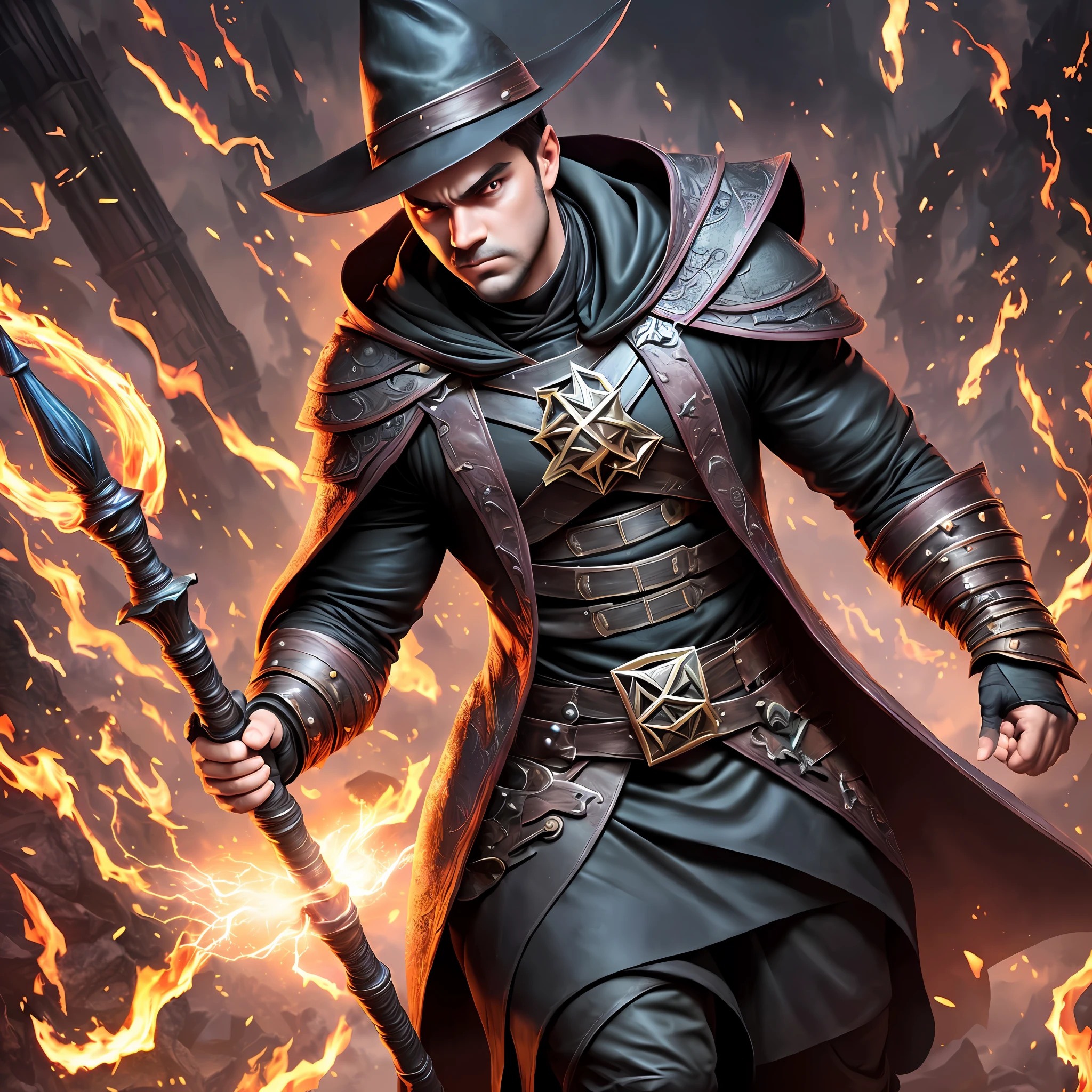 Create a powerful, realistic, masculine young wizard with an imposing outfit. Make sure the resulting image looks dark and menacing, full-body, with details that highlight the power of the mage. Add textures and details to the imposing look, such as rich fabrics and red and black details. Make sure the resulting image captures the essence of the young wizard, with short hair, with elements like a magic staff, and a pointed hat. Add magical effects like bright lights and dark shadows to make the image even more interesting and powerful. Make sure that the resulting image is of high resolution, 8K quality.