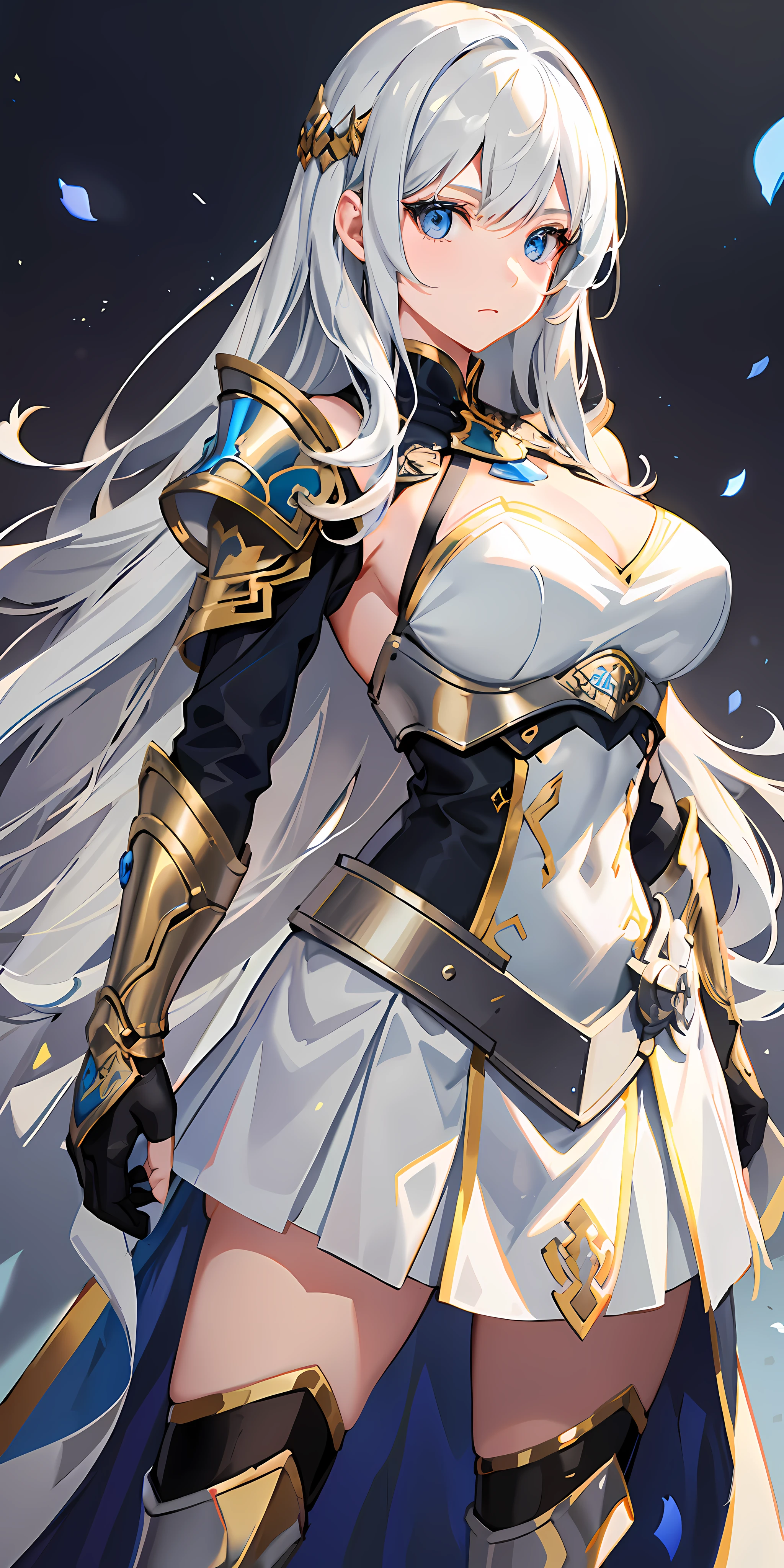Solo, (straight long hair), calm face, hair color gray. She has a dignified face, blue eyes, outstanding style, breasts are medium size, (white clothes), (skirt is short), (wearing armor on chest and arms), armor is blue basic and has gold decorations, she has no background, the whole body is in the picture