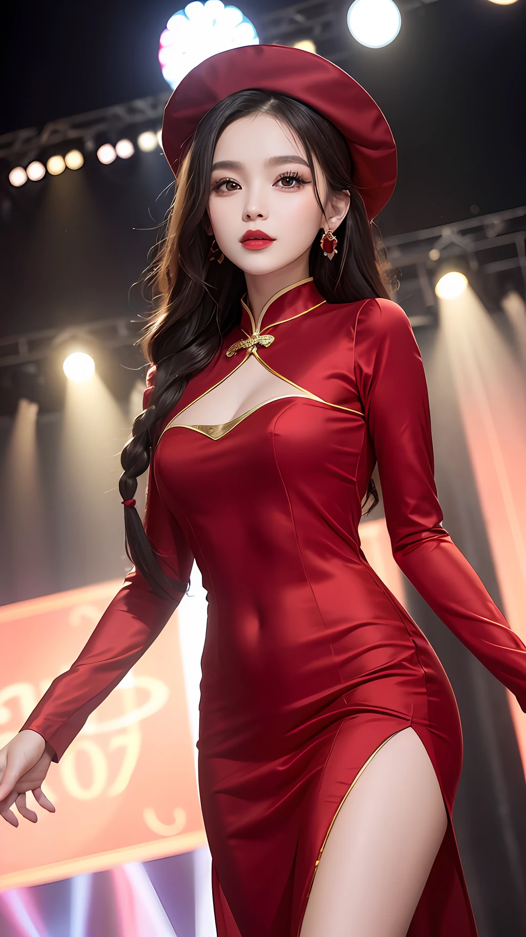 a beautiful girl wearing traditional silk ao dai and non quai thao walking on a fashion show stage, 1 beautiful asian girl wearing a light red silk dress, the girl has a tall body, height 1 meter 7, On the girl's head is a red scarf, the girl's face looks very delicate, pink cheeks, Beautiful brown eyes, beautiful and thin eyebrows, very sharp and detailed makeup, High nose, red lipstick but not too dark, beautiful red ruby earrings, long black curly hair, braided hair with a cute little red bow at the end, Big round and full breasts, slim waist, small butt, her legs are long, she wears a pair of red clogs, her hands are slim and small, the girl is doing a fashion show, There are a lot of people watching, the stage is splendid, the picture quality is the best, the picture is the best, the picture is detailed and sharpest, Best 8k quality, no noise, full girl scene,
