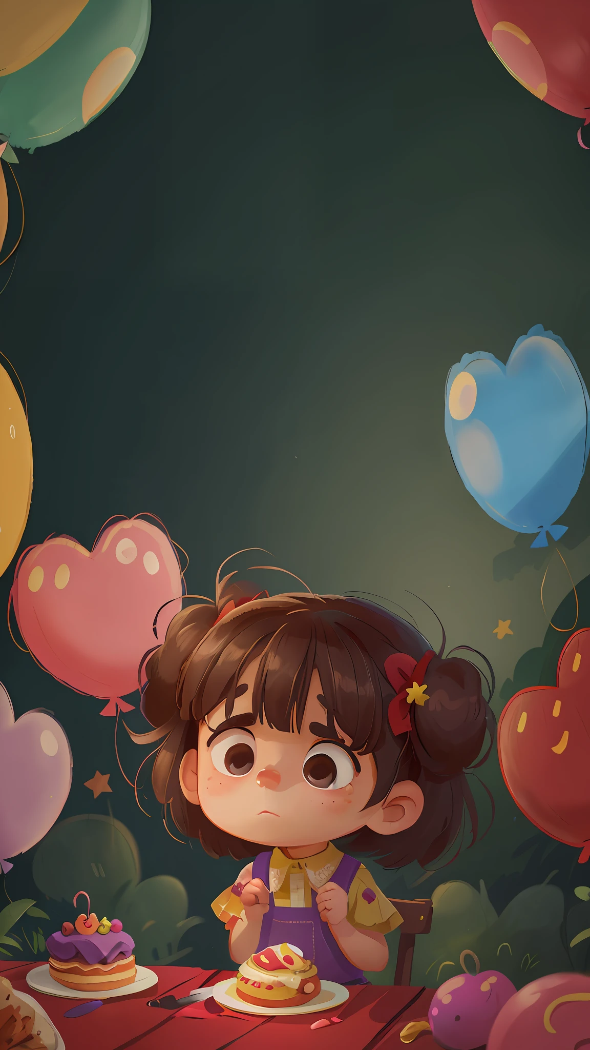 A sad little girl, with a lot of bad food in front of him, bad food, restaurant, lots of balloons, sad, sad, perfect quality, clear focus (mess - house: 0.8), (masterpiece: 1.2) (Realistic: 1.2) (Bokeh) (Best quality) (Detailed Skin: 1.3) (Intricate Details) (8K) (Eye Detail) (Sharp Focus), (Happy)