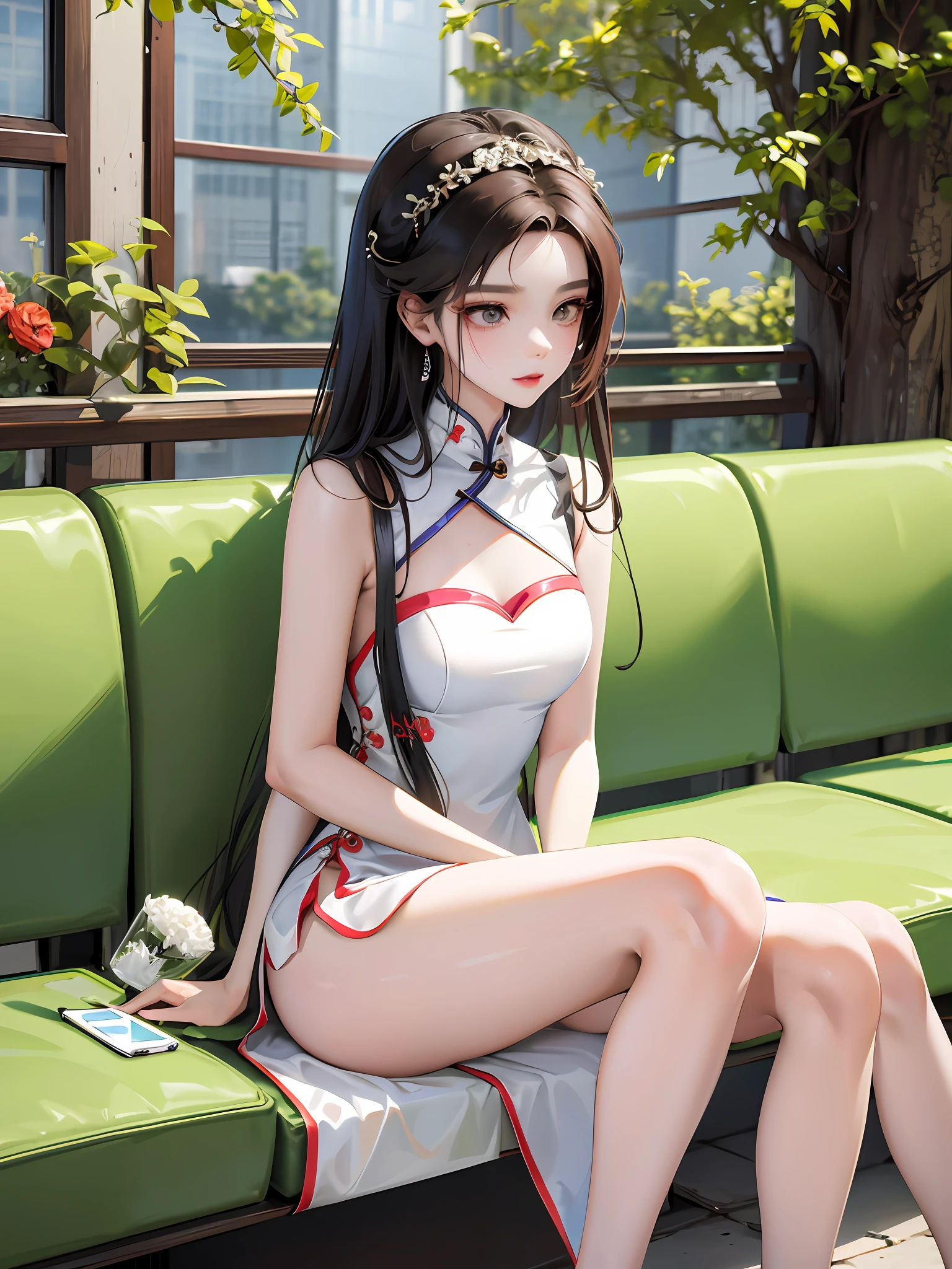 An elegant woman sitting on subway looking at her phone, beautiful chinese woman, gorgeous chinese young woman, chinese female fashion model, in yeonnam, choi hyun-hwa, gorgeous chinese model, bai susie, slim girl model photo, bandeau dress, 2 4 year old female model