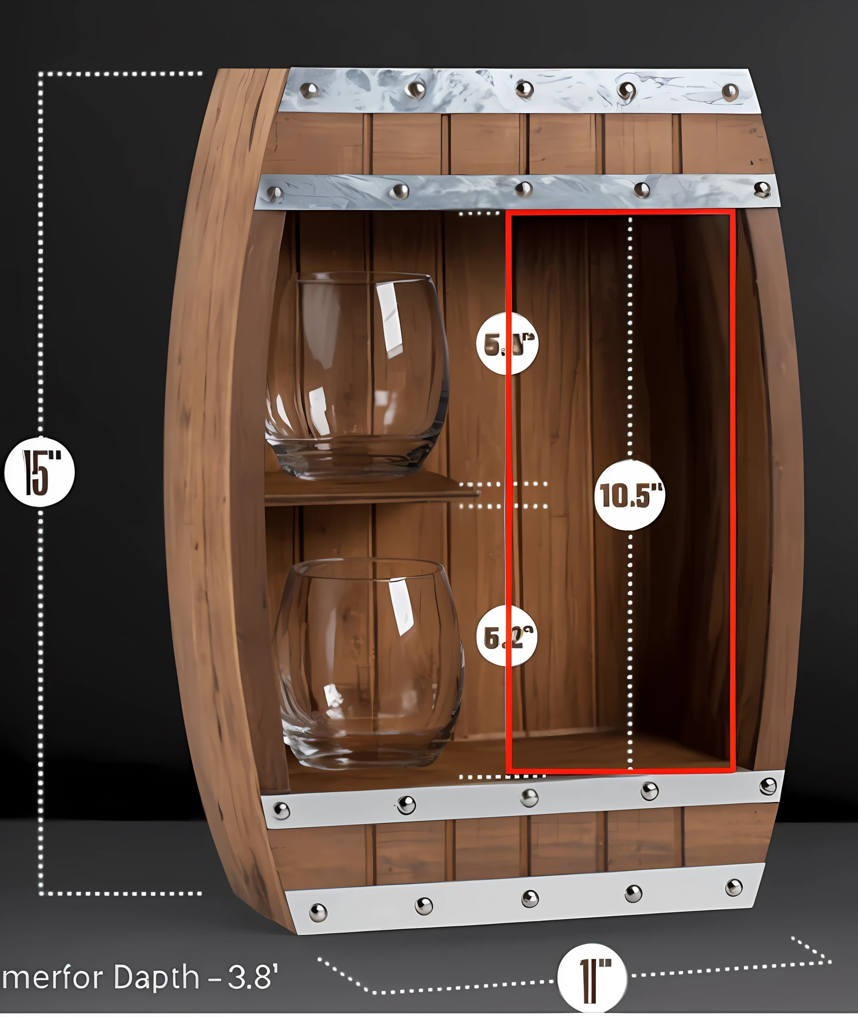 Close-up of the wooden barrel, do not use all the text numbers in the picture, the middle glass placement area and the blank space next to it are replaced with the same wood board color and shape on the back, and the overall look is a section of the barrel