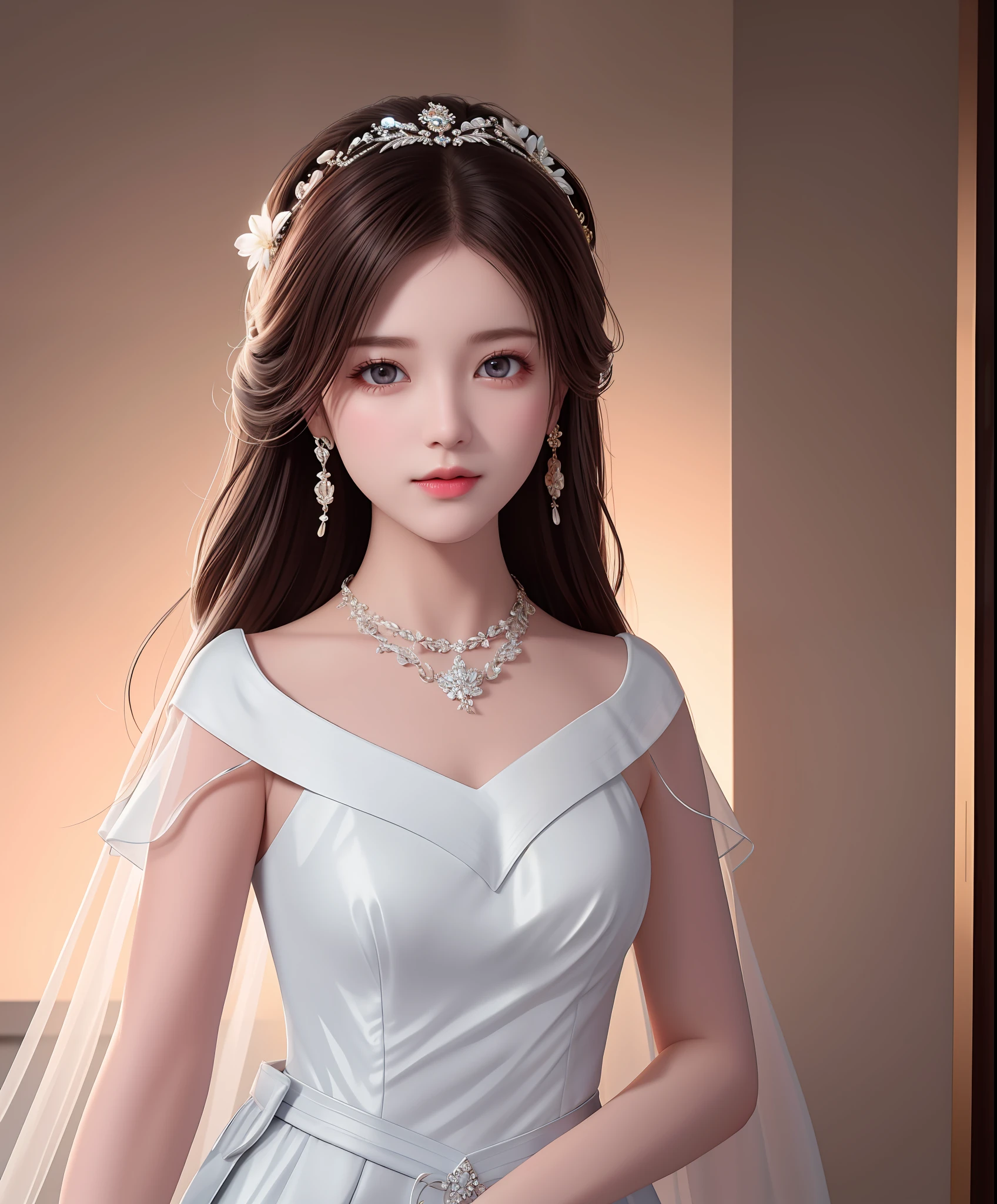 Best quality, masterpiece, high resolution, 1girl, porcelain dress, hair accessories, necklace, jewelry, beautiful face, on the body, Tyndall effect, realistic, dark studio, edge lighting, two-tone lighting, (high detail skin: 1.2), 8k UHD, dslr, soft light, high quality, volumetric light, candid, photo, high resolution, 4k, 8k, background blur,