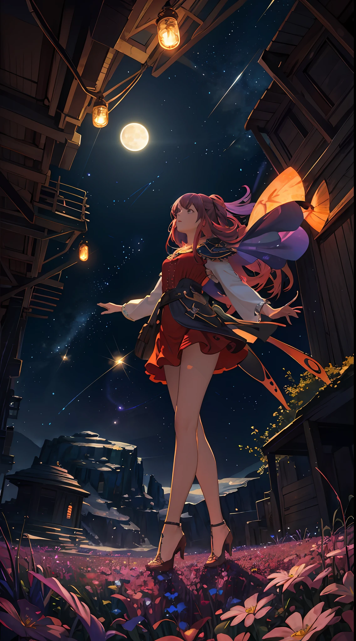 expansive landscape photograph , (a view from below that shows sky above and open field below), a girl standing on flower field looking up, (full moon:1.2), ( shooting stars:0.9), (nebula:1.3), distant mountain, tree BREAK
production art, (warm light source:1.2), (Firefly:1.2), lamp, lot of purple and orange, intricate details, volumetric lighting, realism BREAK
(masterpiece:1.2), (best quality), 4k, ultra-detailed, (dynamic composition:1.4), highly detailed, colorful details,( iridescent colors:1.2), (glowing lighting, atmospheric lighting), dreamy, magical, (solo:1.2)