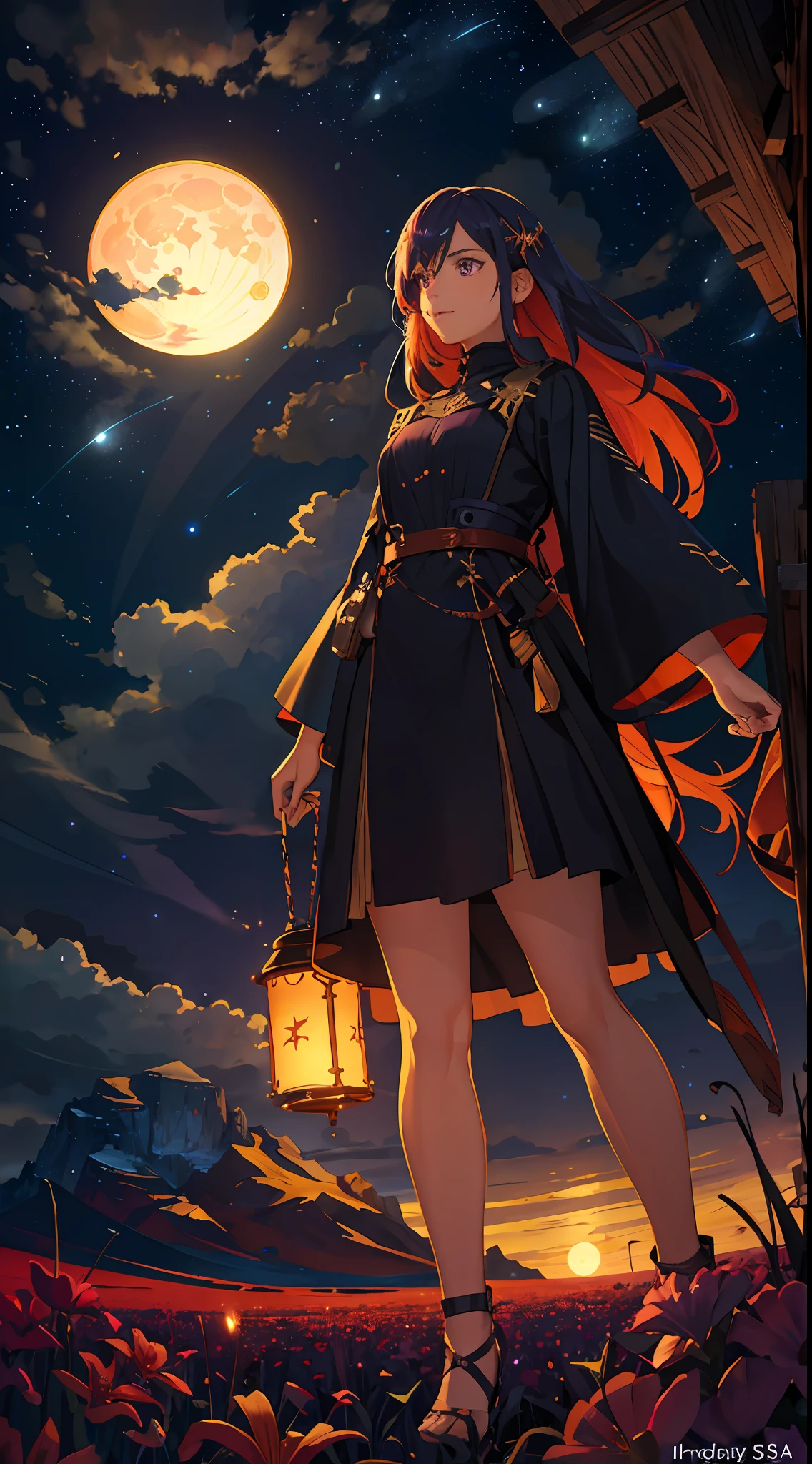 expansive landscape photograph , (a view from below that shows sky above and open field below), a girl standing on flower field looking up, (full moon:1.2), ( shooting stars:0.9), (nebula:1.3), distant mountain, tree BREAK
production art, (warm light source:1.2), (Firefly:1.2), lamp, lot of purple and orange, intricate details, volumetric lighting, realism BREAK
(masterpiece:1.2), (best quality), 4k, ultra-detailed, (dynamic composition:1.4), highly detailed, colorful details,( iridescent colors:1.2), (glowing lighting, atmospheric lighting), dreamy, magical, (solo:1.2)