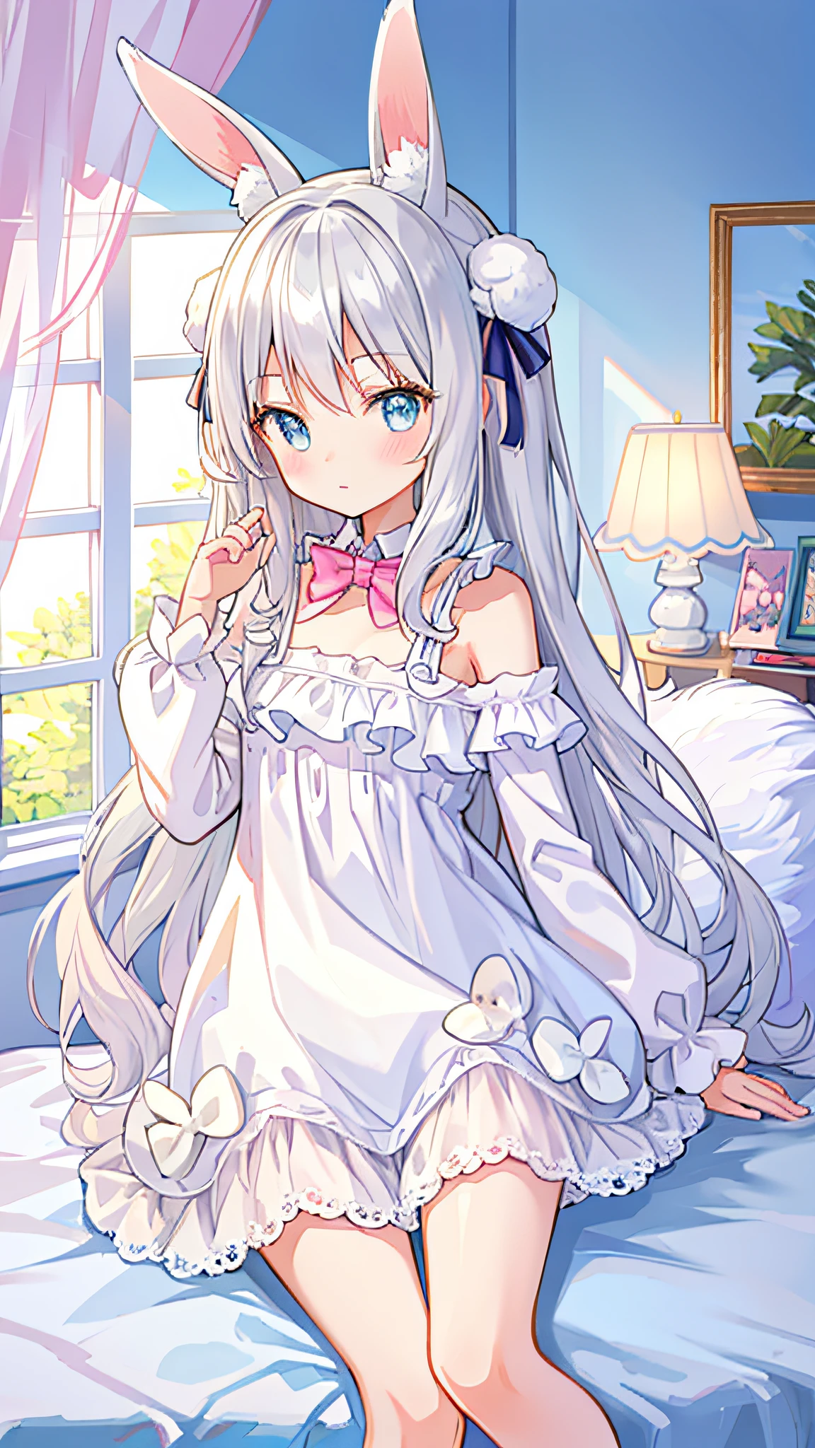 Beautiful illustration, top quality, cute girl, bedroom, pastel colors, fluffy rabbit ears, petite, silver long hair, stuffed rabbit