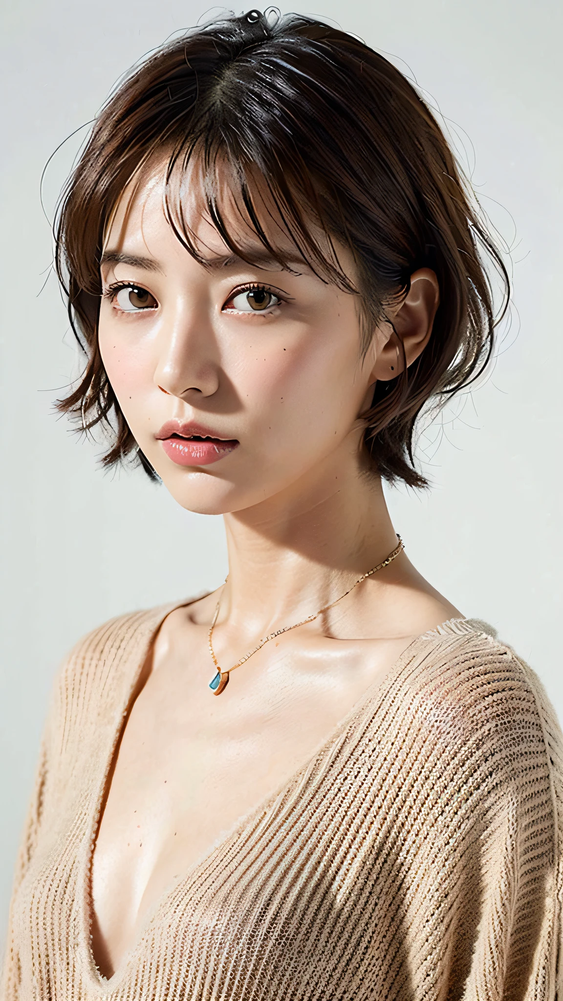 (Best Quality, 8k, 32k, Masterpiece, UHD: 1.2), Cute Japan Woman Pictures, Naked, Very Short Bob Hair, Upper Body, Face Focus, oversized_sweater, Necklace, Simple Background, From Above, Watching the Viewer,